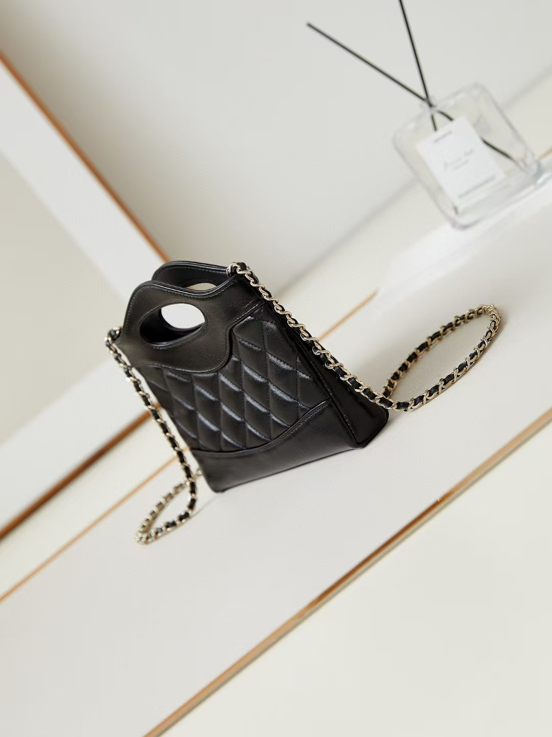 Ch*el 31 nano chain bag lambskin gold tone metal black as3656 17.5x20.5x4cm