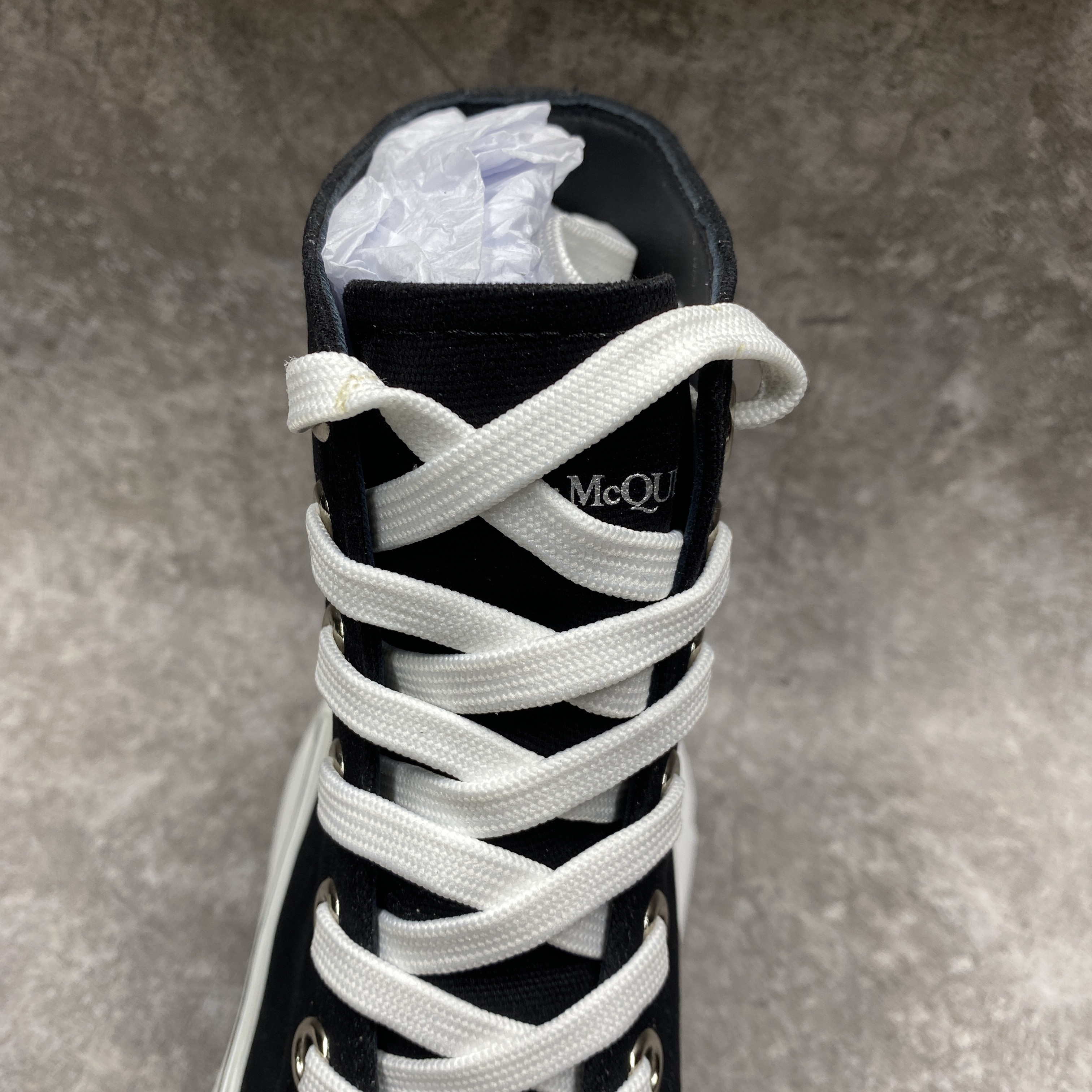 ale*d*r M*Q*en tread slick high lace up boot black white
