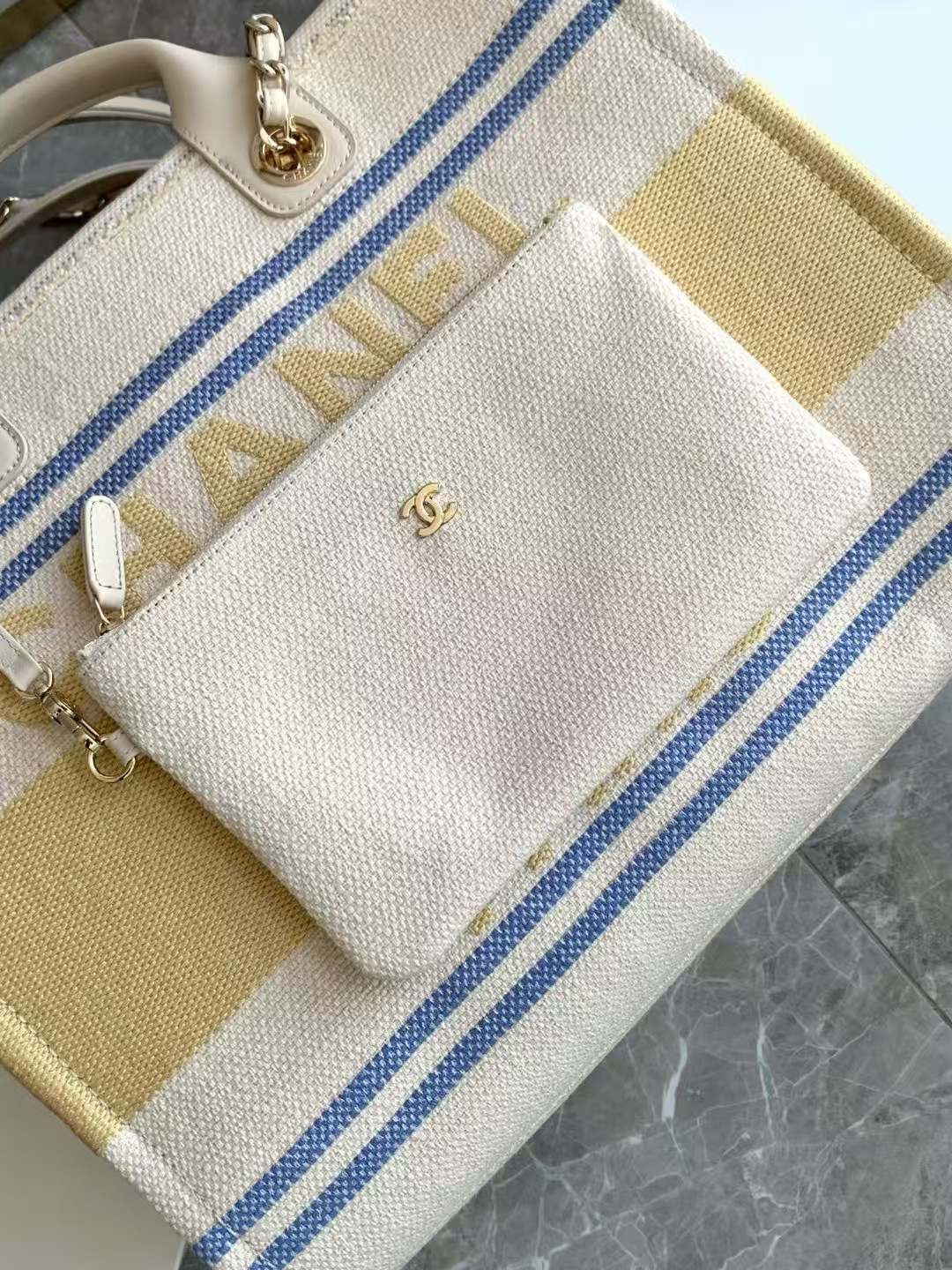 Ch*el shopping bag cotton canvas & gold-tone metal 38x30x22cm