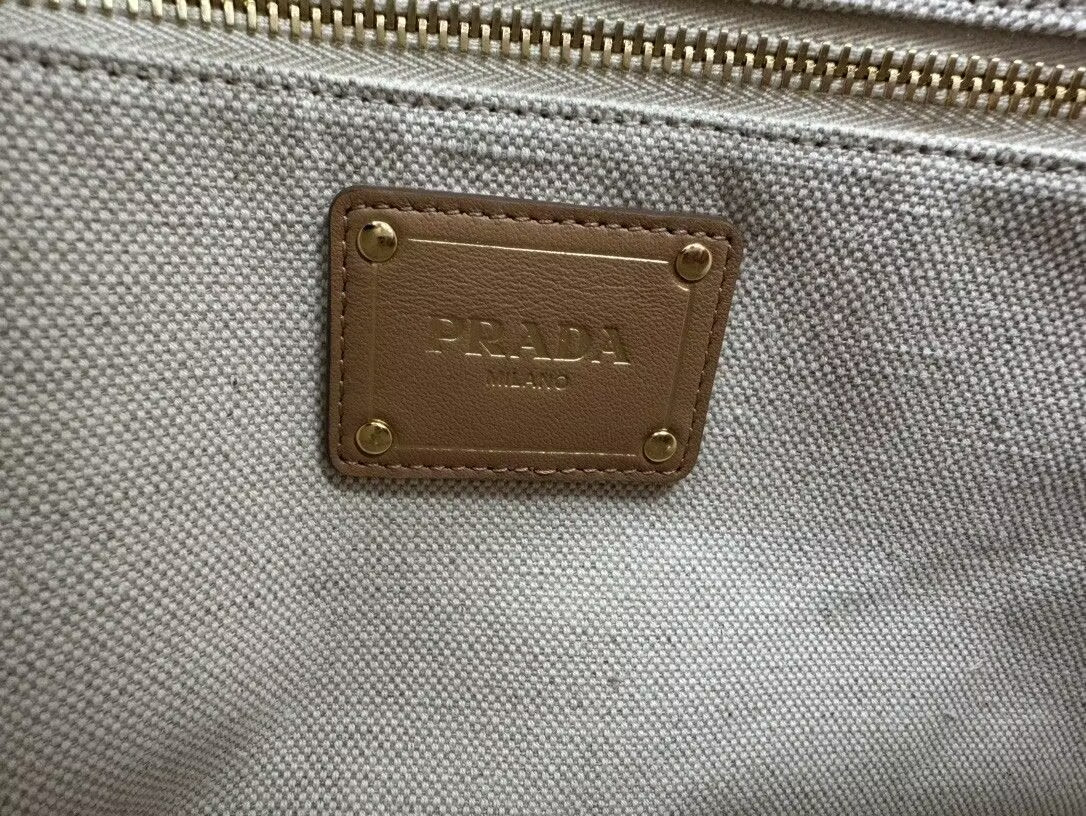 Pra*a natural medium linen blend and leather tote bag 28x22.5x12.5cm
