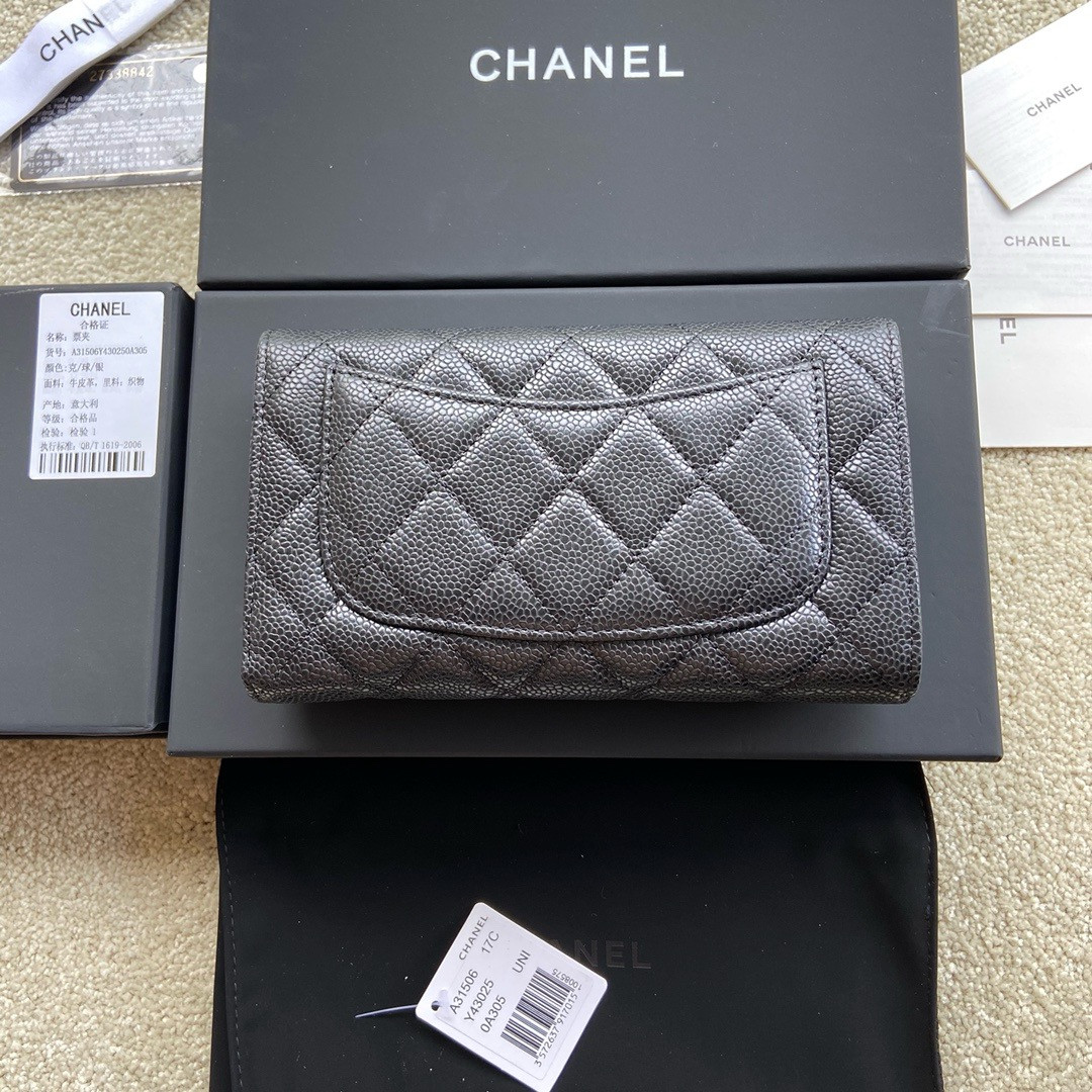 Ch*el flap wallet grained leather black 19.5 x10 cm