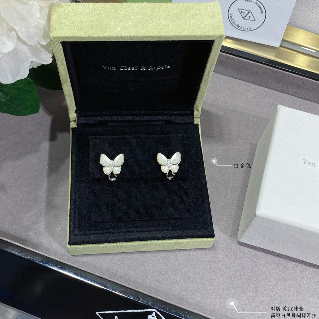 V*N CL*F & arpels white mother-of-pearl butterfly earrings