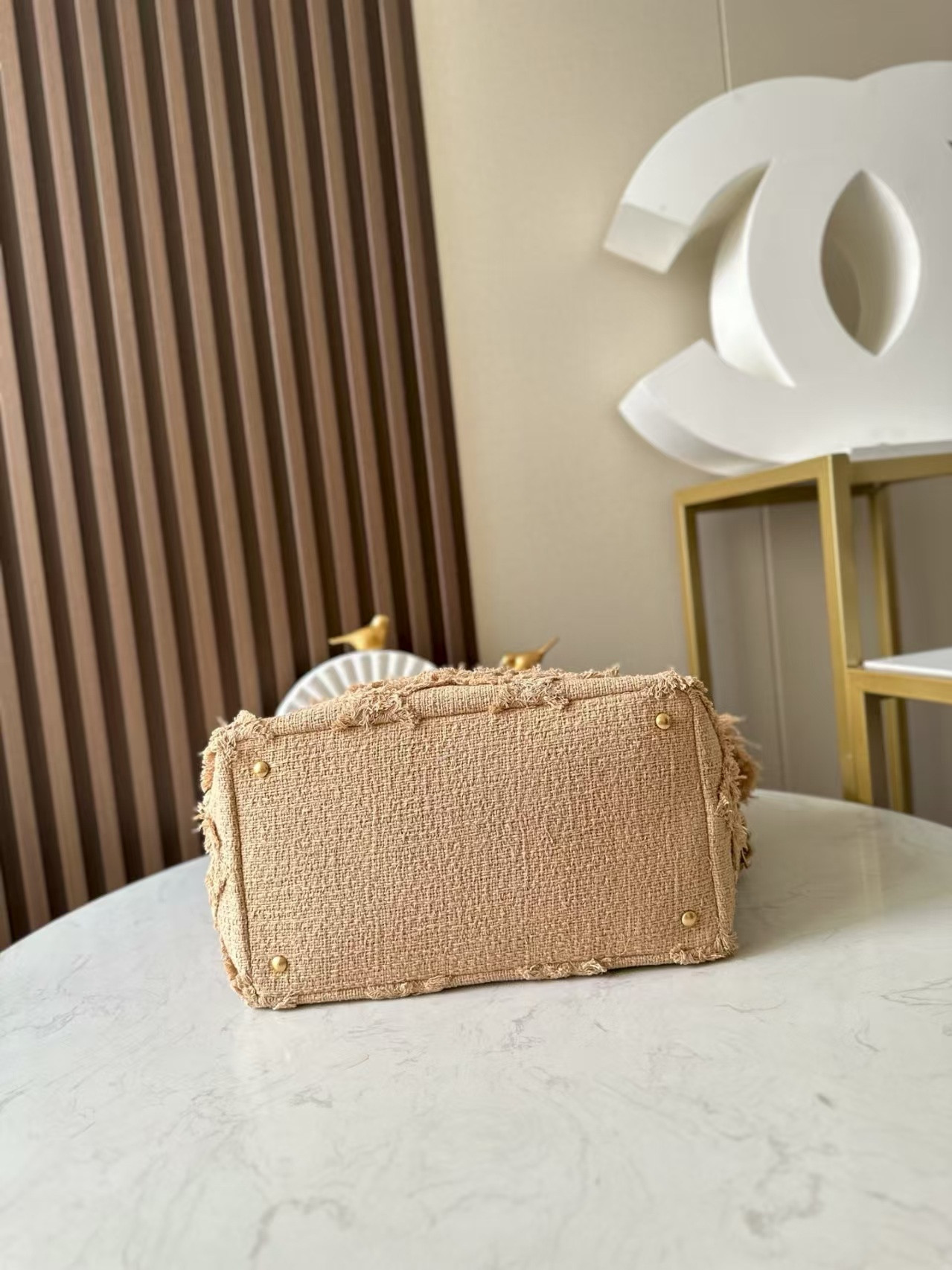 Ch*el vintage linen tassel tote straw bag 48x35x17cm