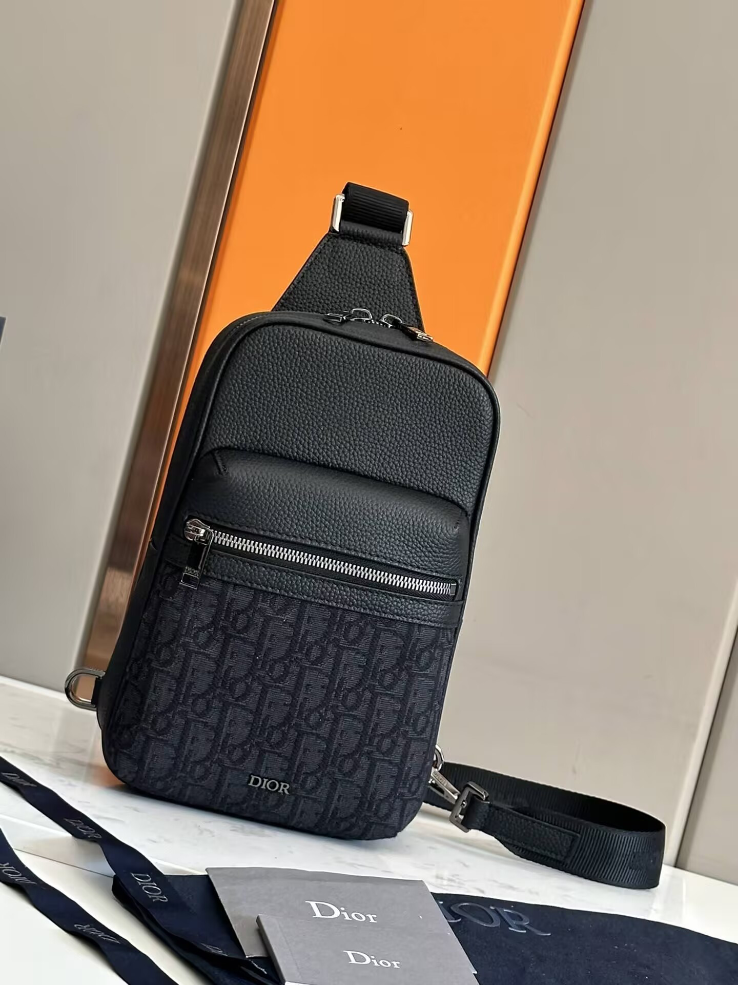 D*or rider 2.0 sling bag black D*or oblique jacquard and black grained calfskin 17x26x8cm