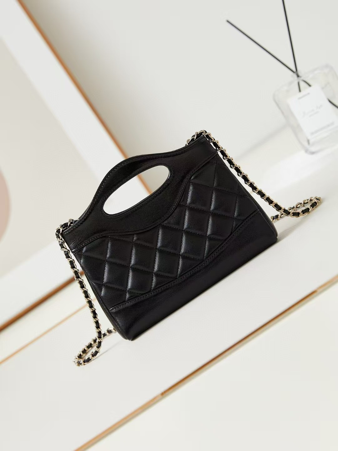 Ch*el 31 nano chain bag lambskin gold tone metal black as3656 17.5x20.5x4cm