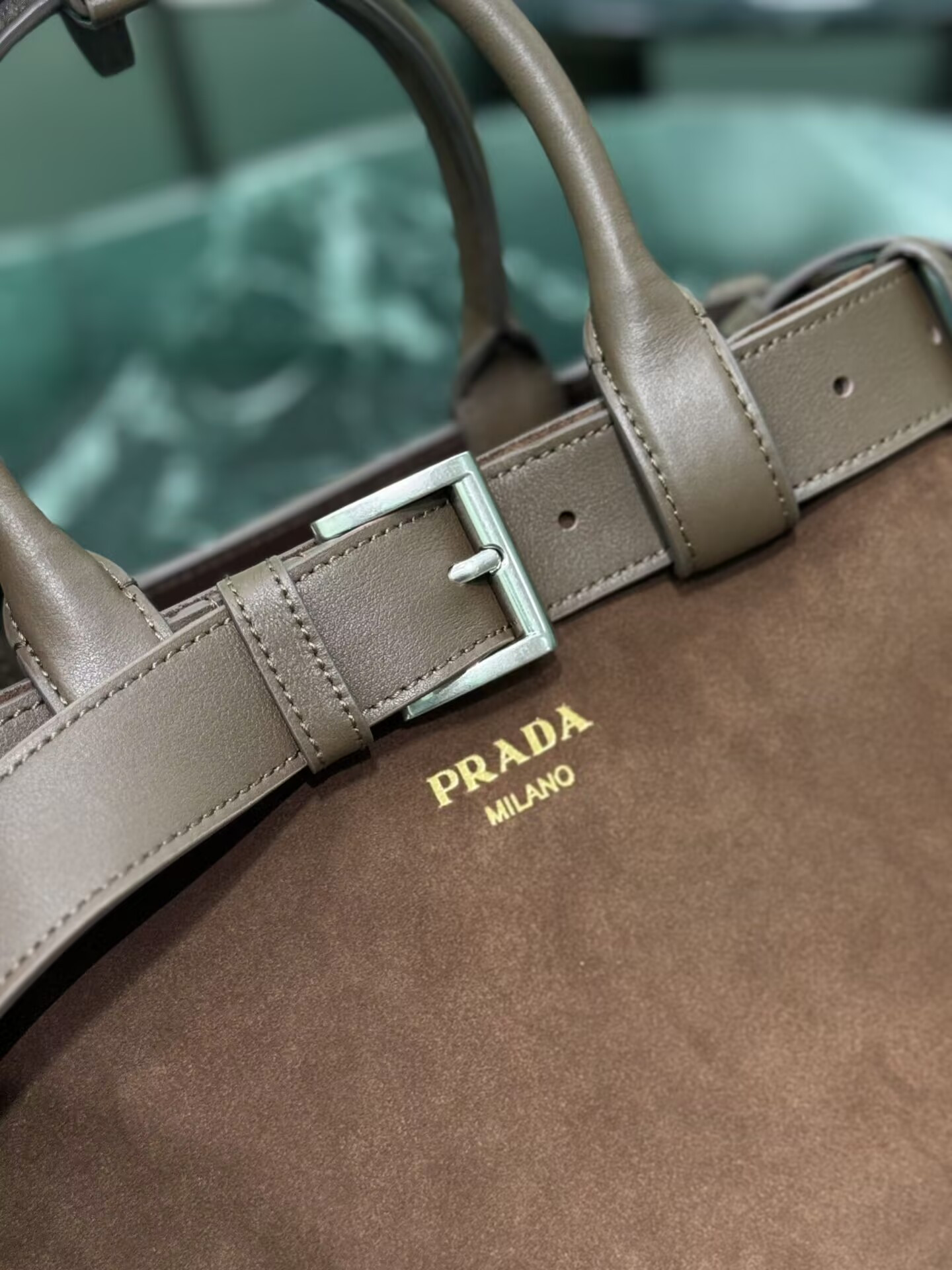 Pra*a buckle medium suede bag with belt 23x32x11cm