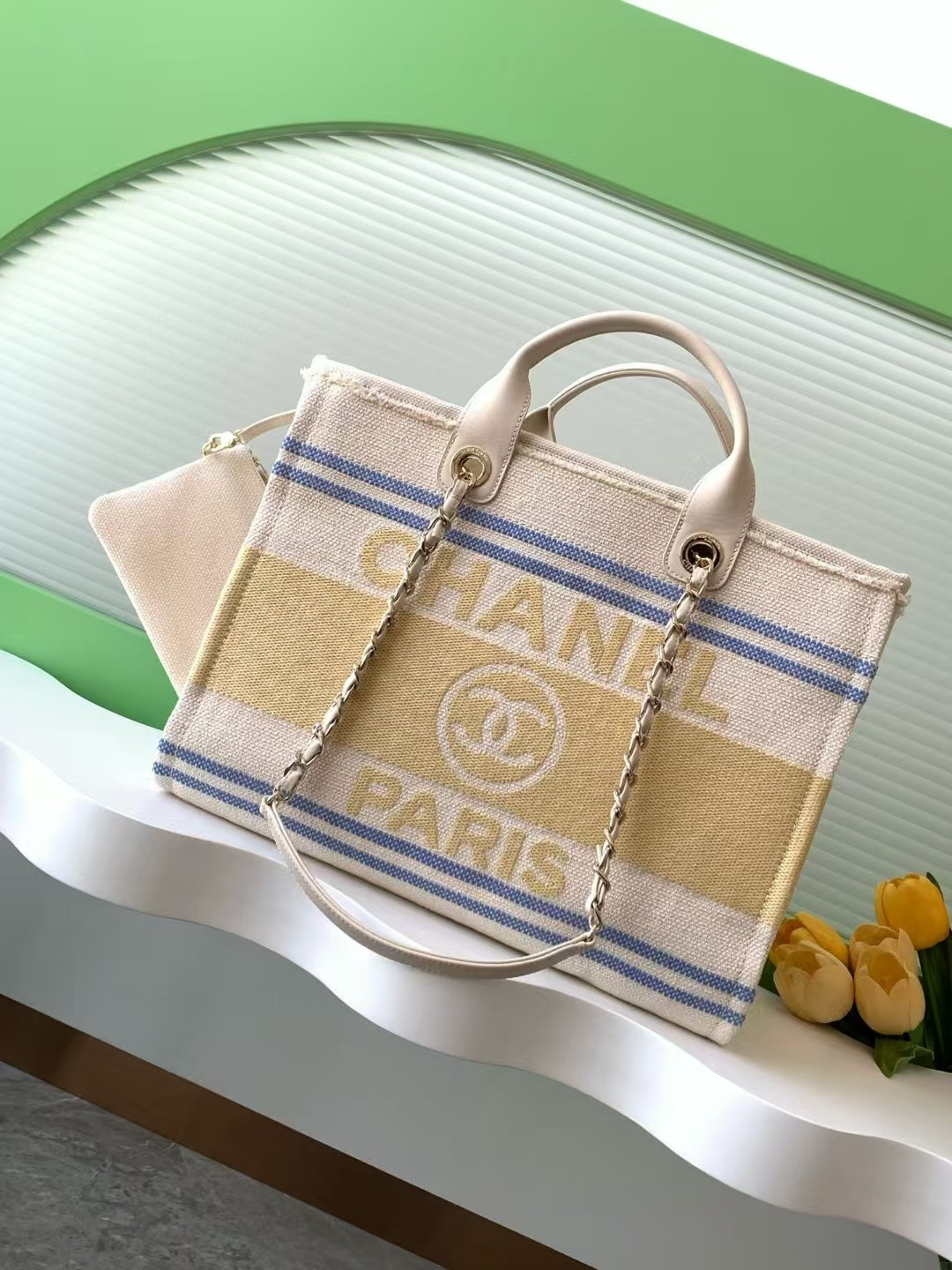 Ch*el shopping bag cotton canvas & gold-tone metal 38x30x22cm