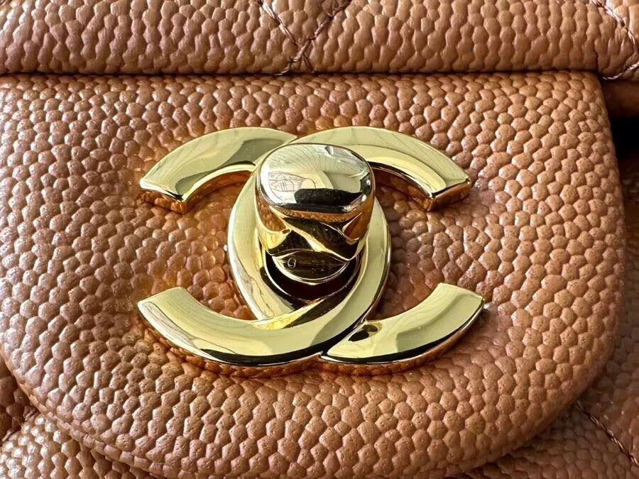 Ch*el classic handbag in grained litchi pattern calfskin & gold-tone metal 6 × 9.9 × 2.5 inches