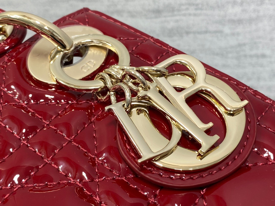 mini lady D*or bag cherry red patent cannage calfskin 6.5 x 6 x 3 inches