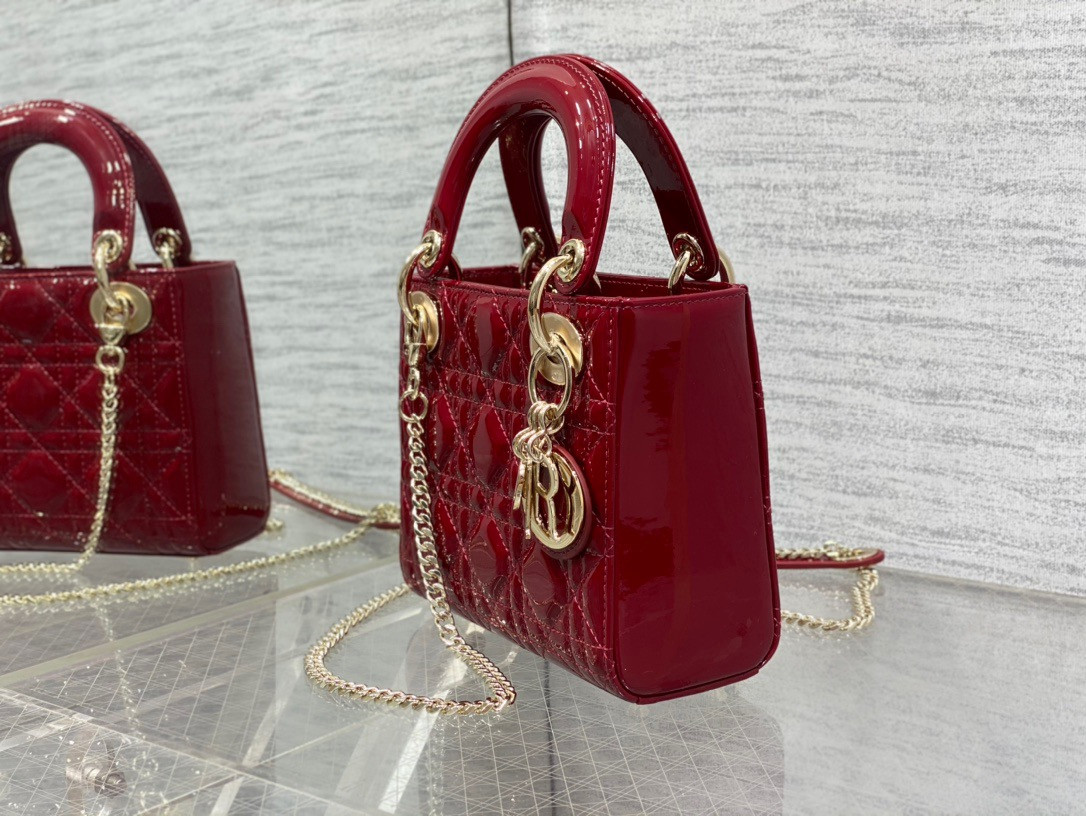 mini lady D*or bag cherry red patent cannage calfskin 6.5 x 6 x 3 inches