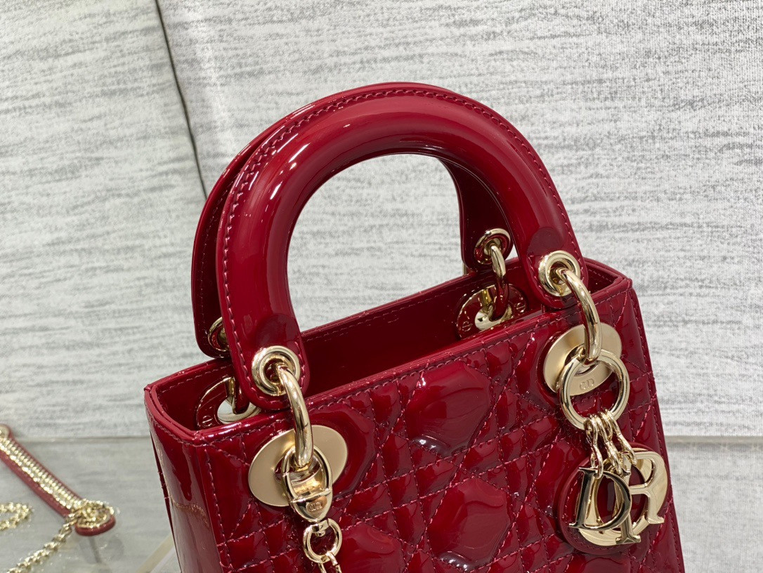 mini lady D*or bag cherry red patent cannage calfskin 6.5 x 6 x 3 inches