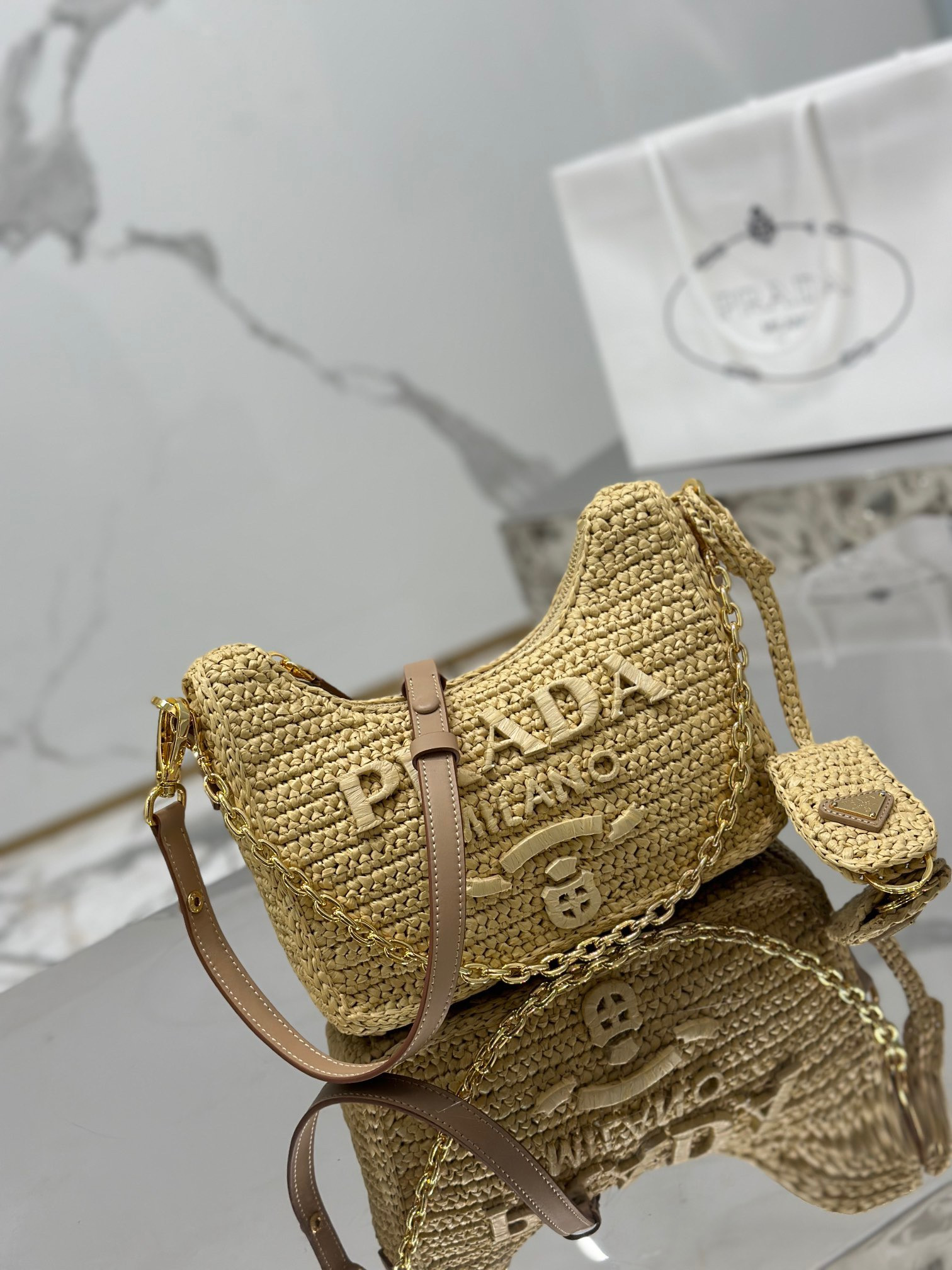 Pra*a re-edition crochet mini-bag color natural