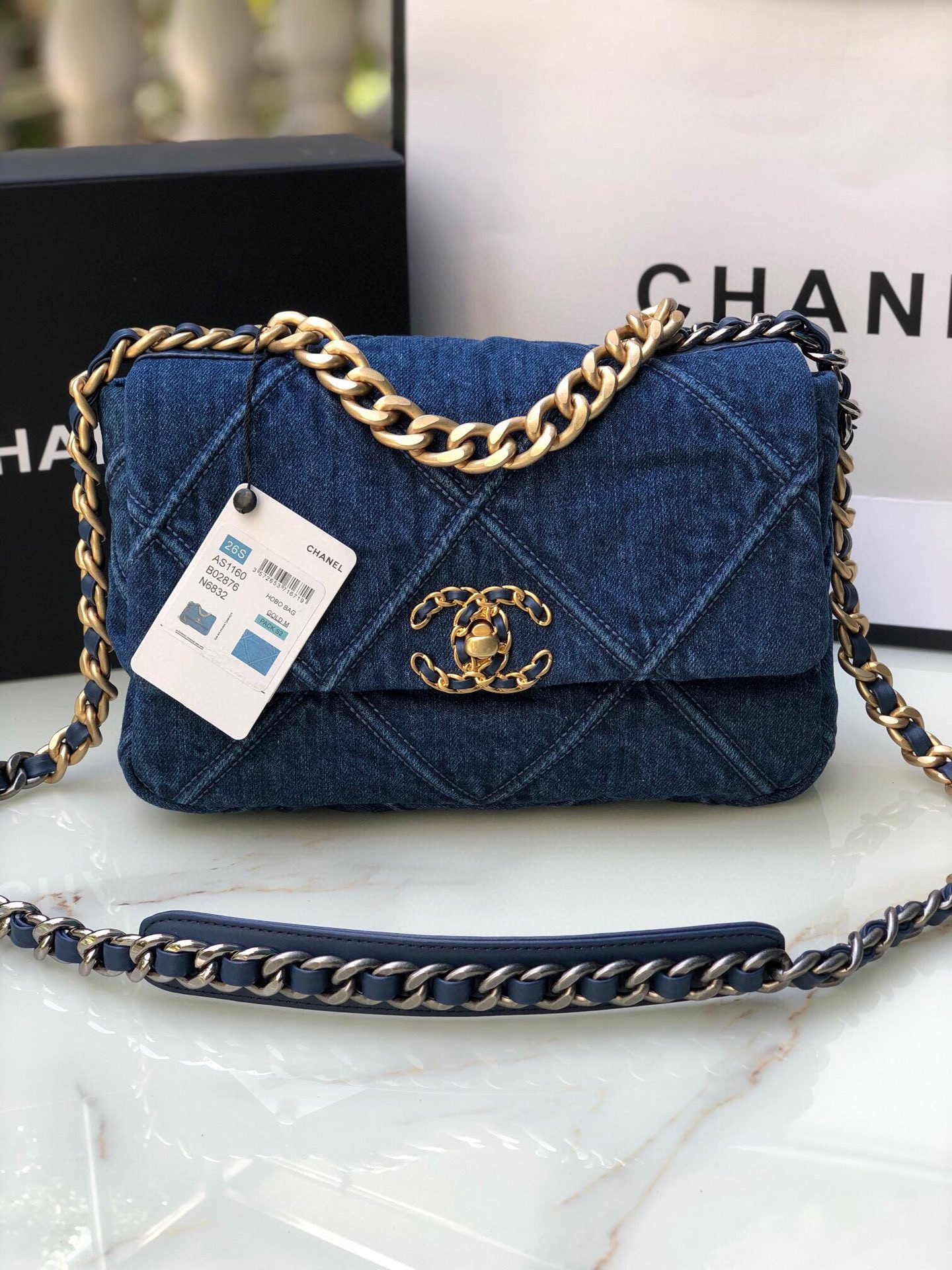 Ch*el 19 handbag ruthenium-finish metal navy 6.2 × 10.1 × 3.5 in