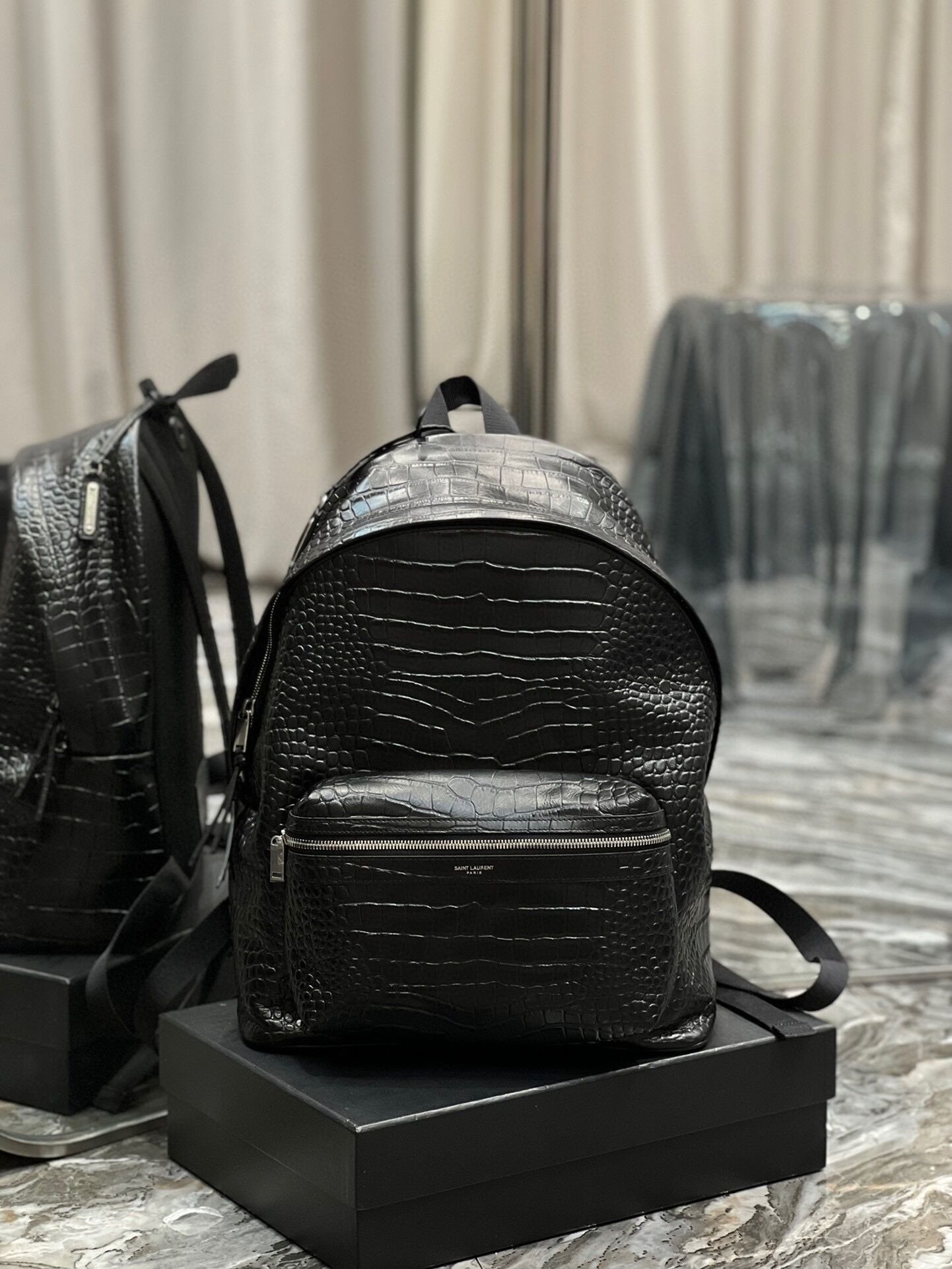 Y*L city backpack in crocodile-embossed leather 12.2 x 16.1 x 8.6 inches