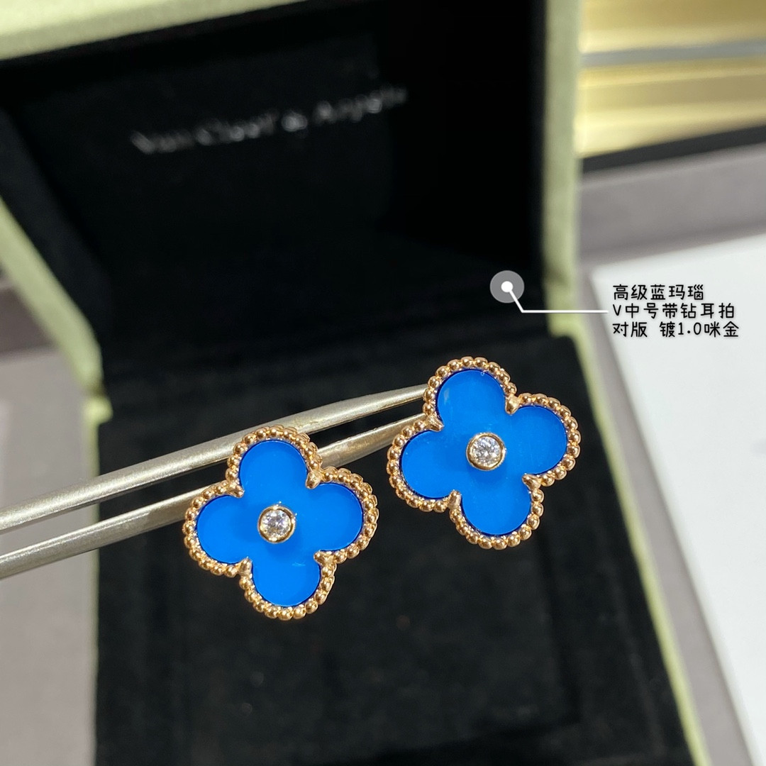 v*n cl*f & arpels sapphire blue agate Di*m*nd four-leaf clover earrings