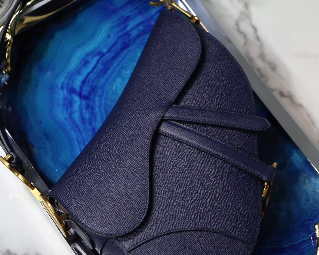 SADDLE BAG WITH STRAP Indigo Blue Grained Calfskin 25.5×20×6.5cm