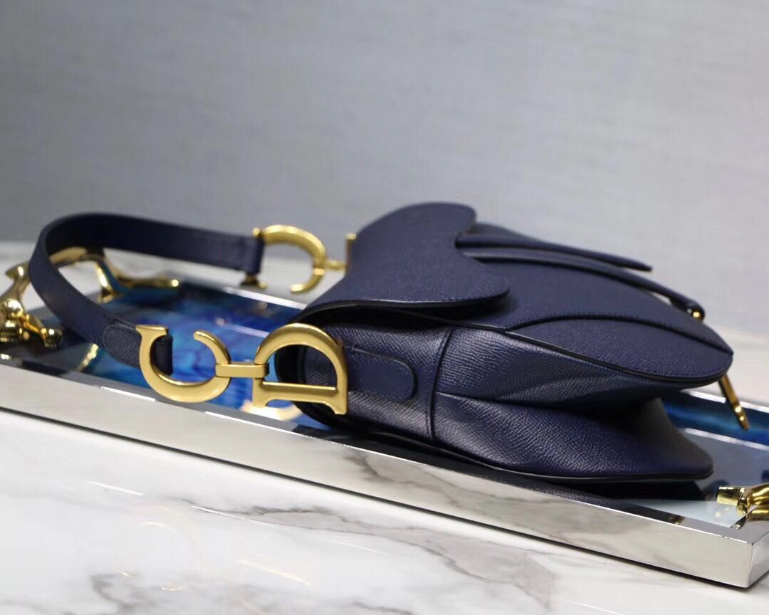 SADDLE BAG WITH STRAP Indigo Blue Grained Calfskin 25.5×20×6.5cm