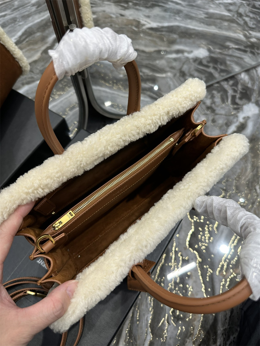 y*l sac de jour S*pple nano in suede and shearling dark cigar and natural beige