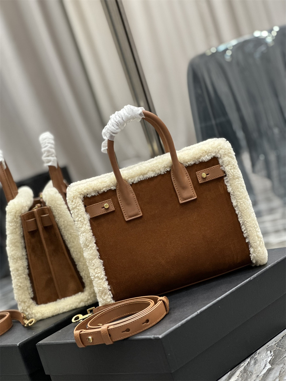y*l sac de jour S*pple nano in suede and shearling dark cigar and natural beige