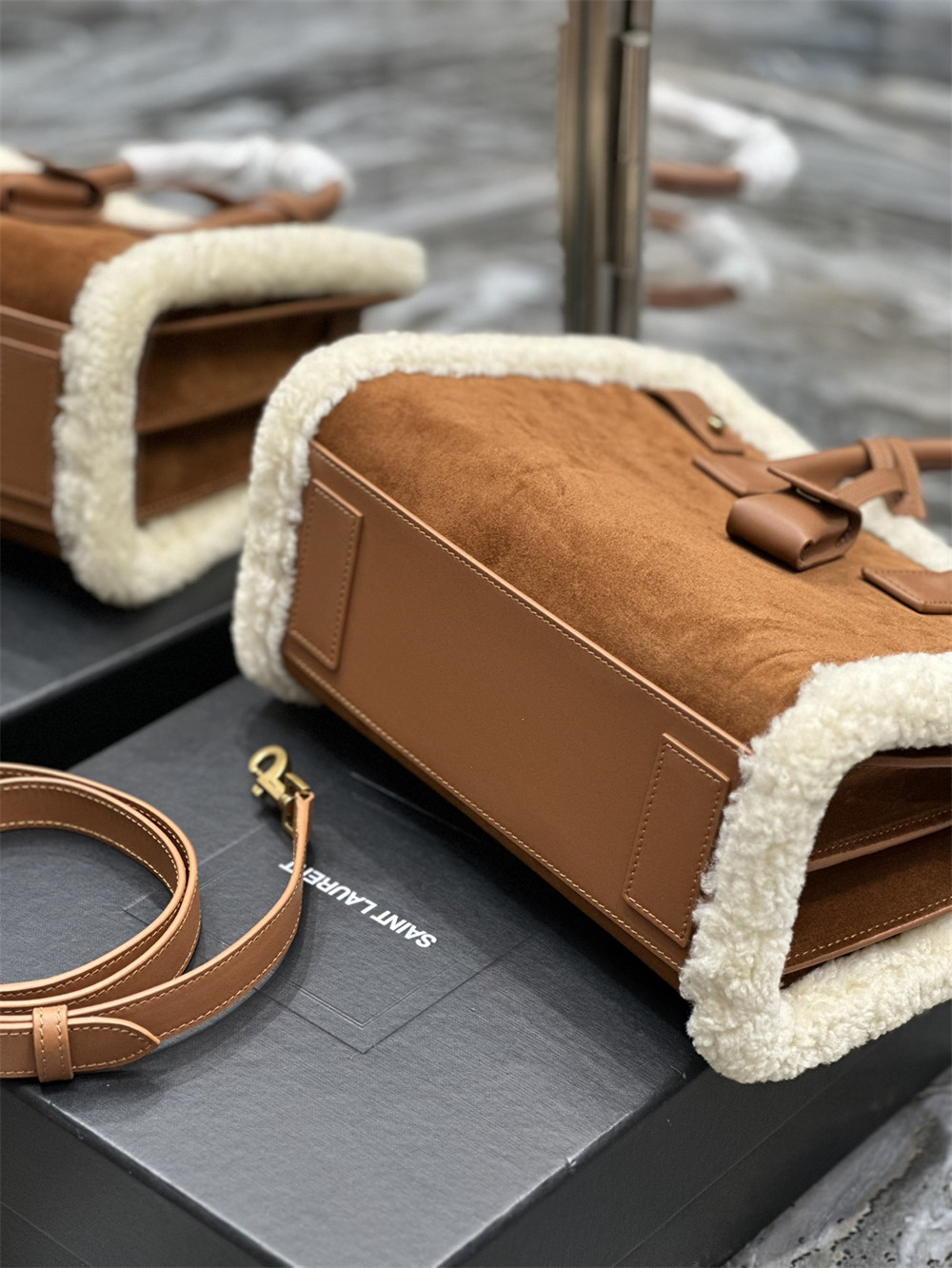 y*l sac de jour S*pple samll in suede and shearling dark cigar and natural beige