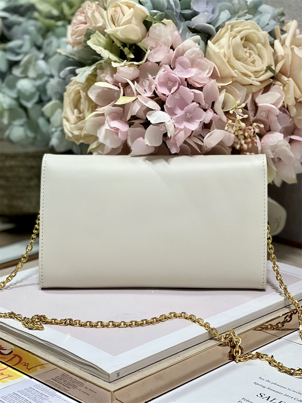 D*or bobby east-west pouch with chain latte smooth calfskin white