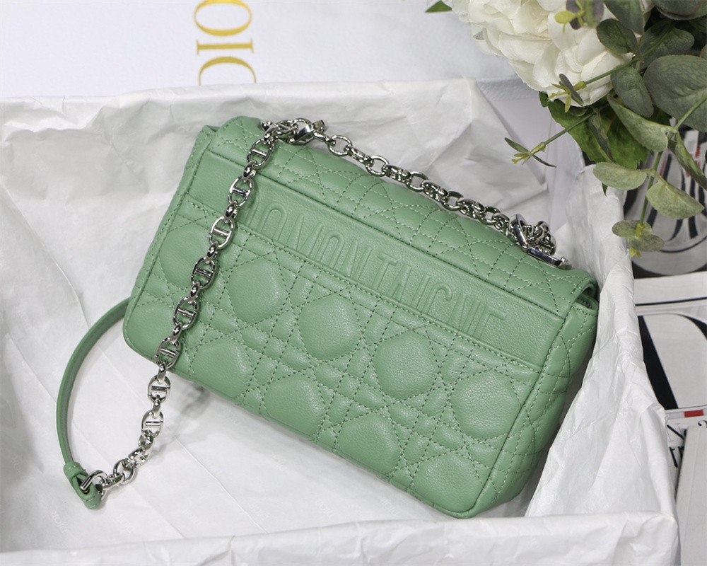 small d*or caro bag green S*pple cannage calfskin with silver hardware 20 x 12 x 7 cm