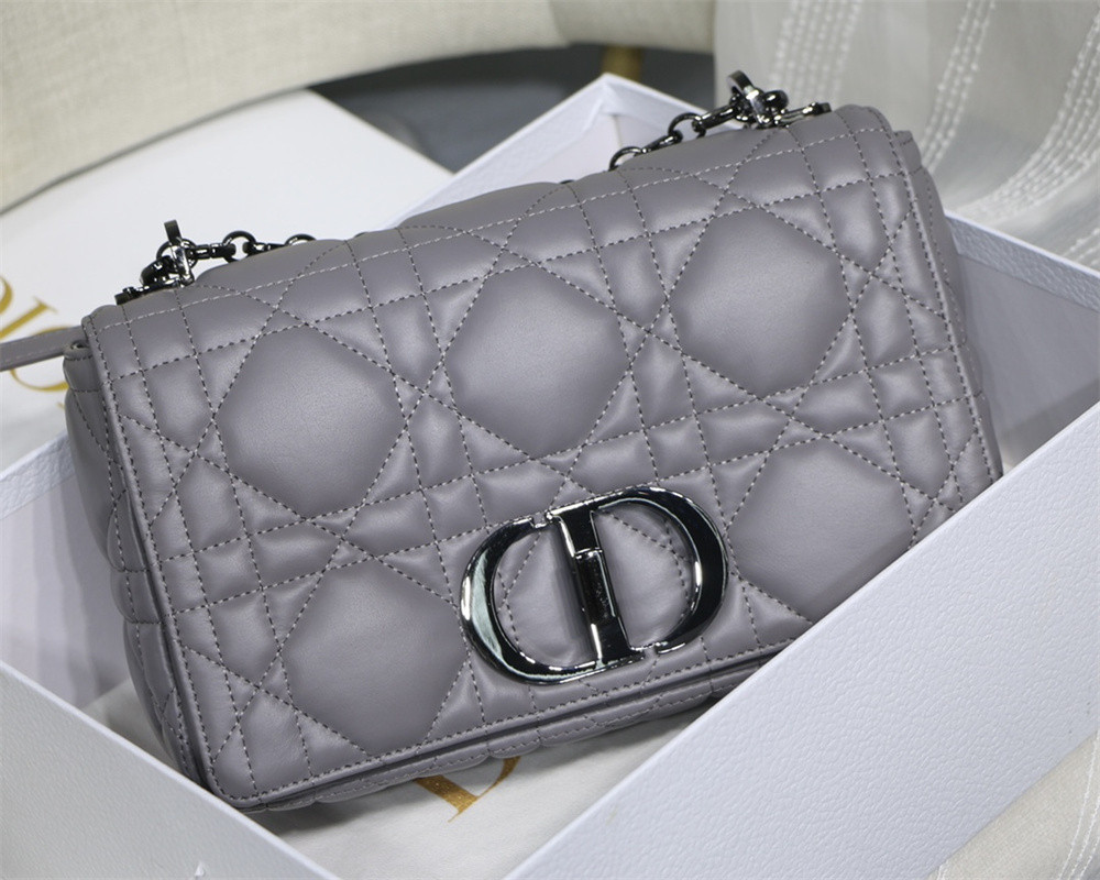 medium d*or caro bag grey S*pple cannage calfskin with silver hardware 25.5 x 15.5 x 8 cm