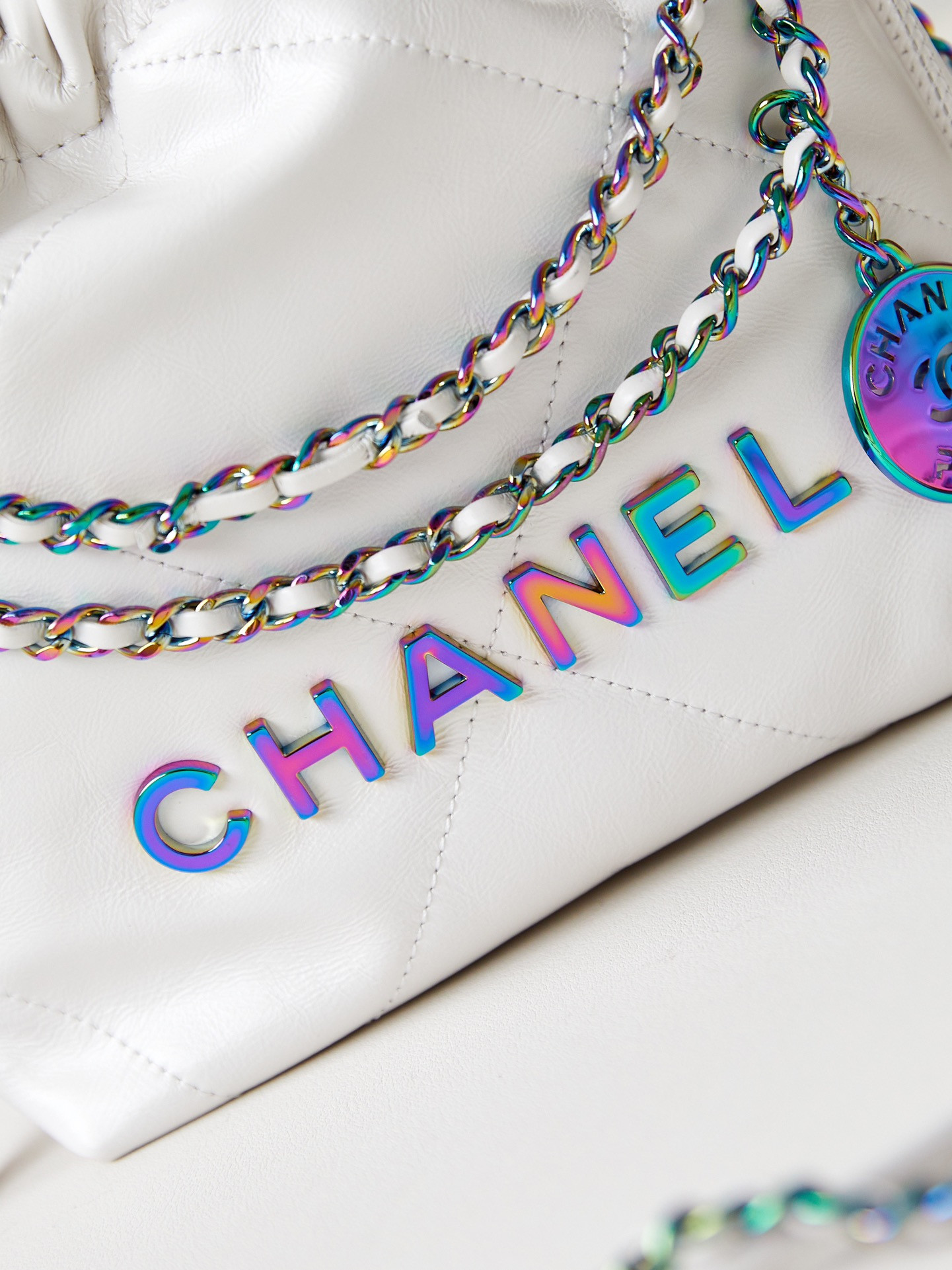 Ch*el 22 mini handbag shiny calfskin & rainbow metal white 7.8 × 7.4 × 2.3 in