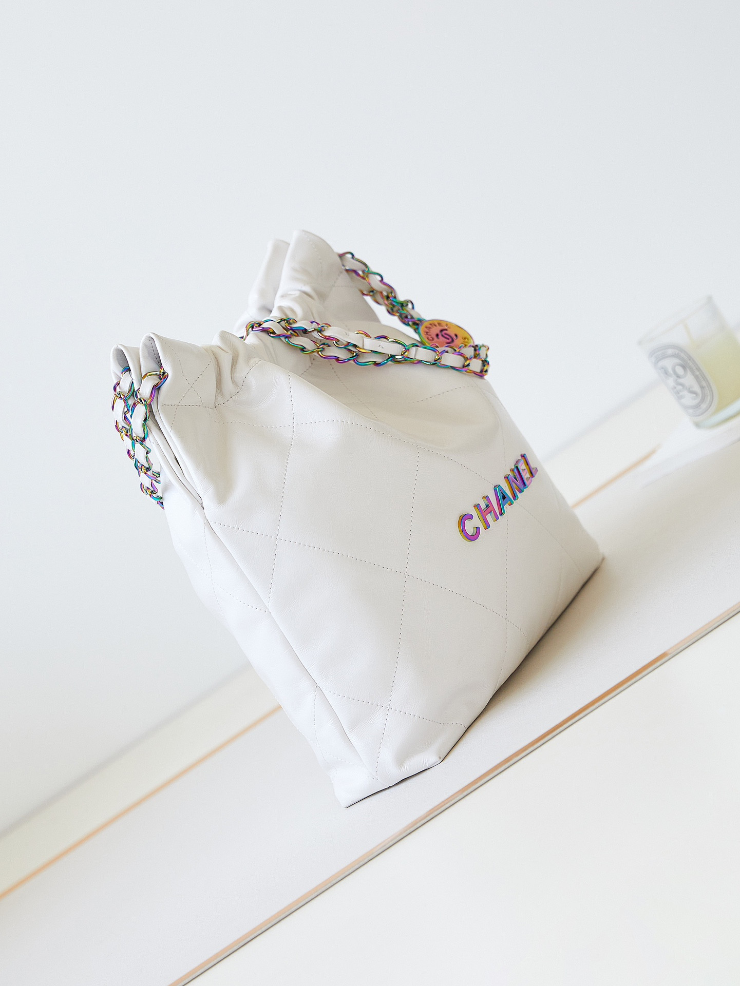 Ch*el 22 small handbag shiny calfskin & rainbow metal white 13.7×14.4×2.7 in