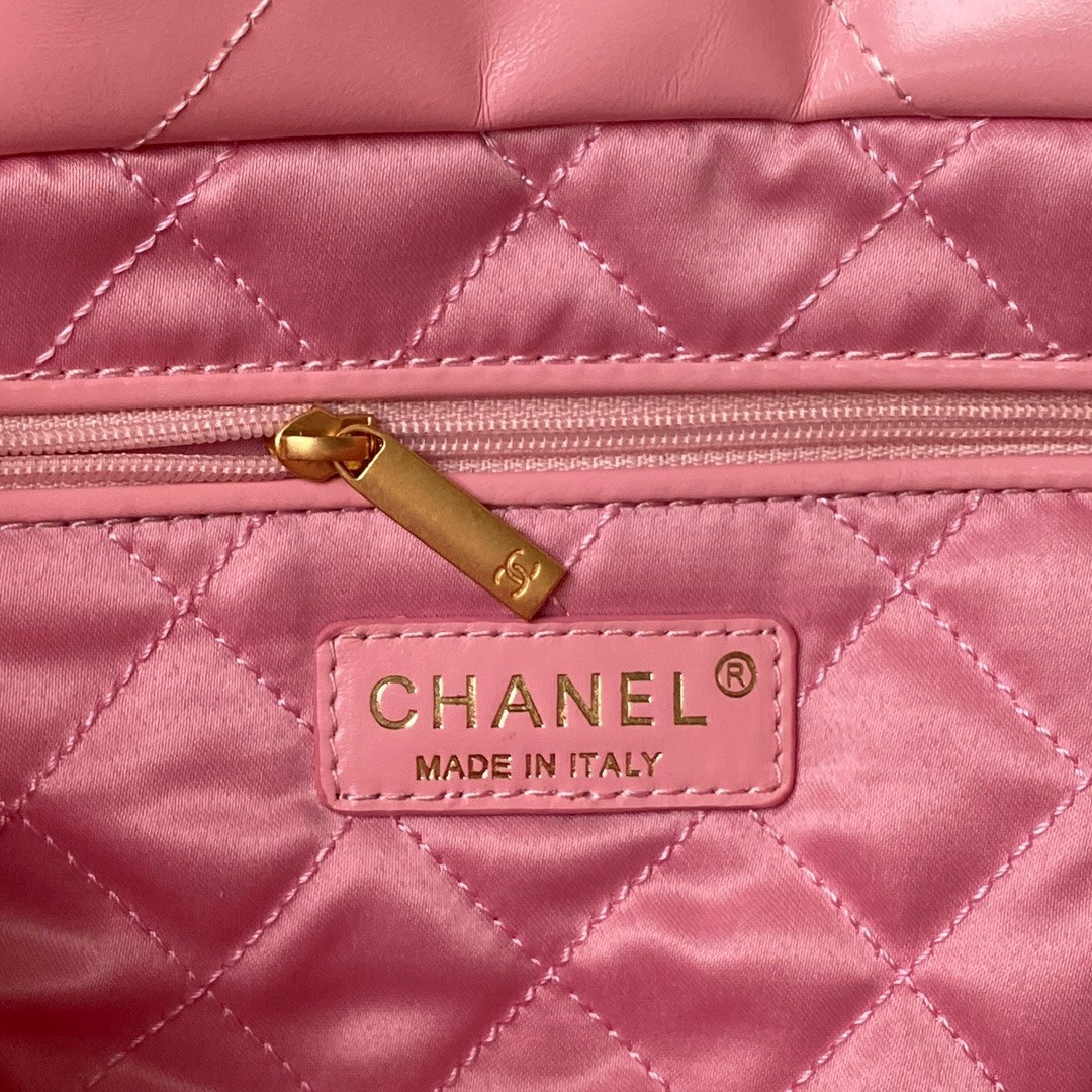 Ch*el 22 handbag shiny calfskin pink 30×45×8cm