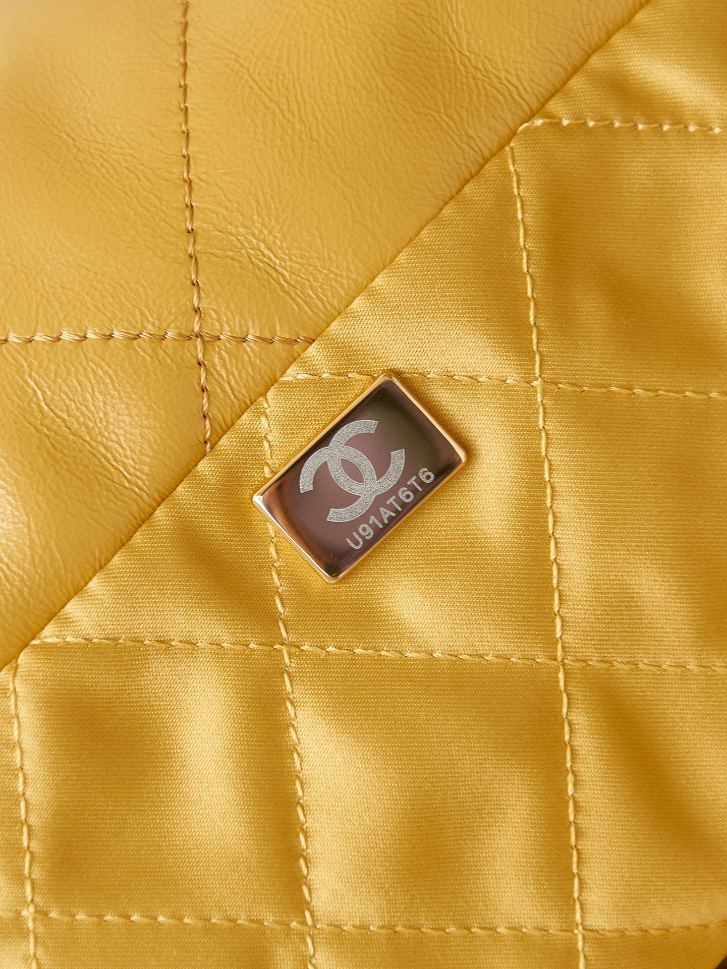Ch*el 22 small handbag shiny calfskin yellow 15.2×16.4×3.1 in