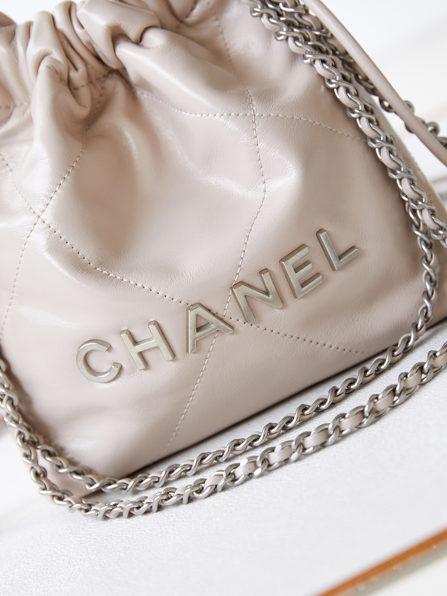 Ch*el 22 mini handbag shiny calfskin apricot 7.8 × 7.4 × 2.3 in