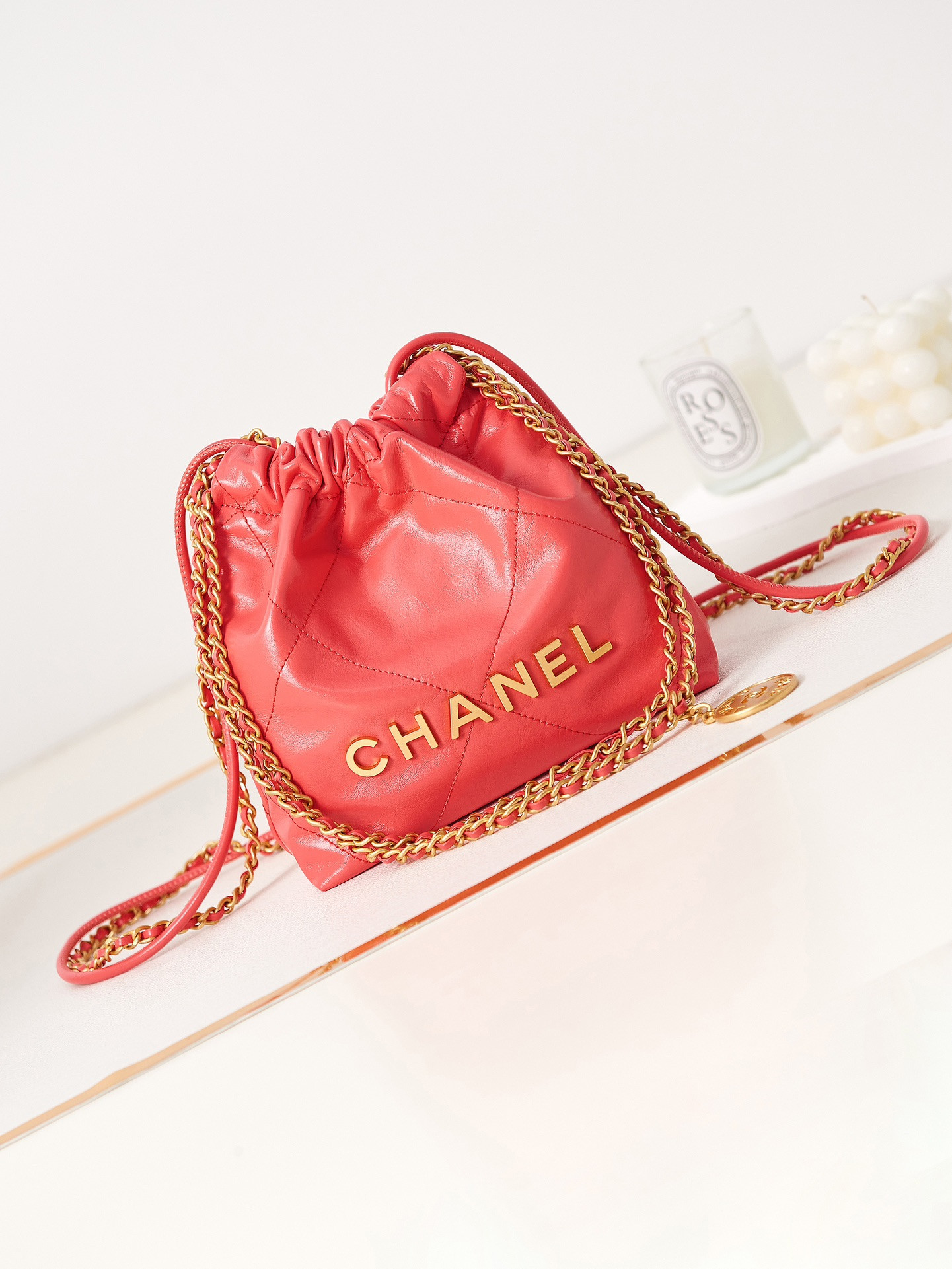Ch*el 22 mini handbag shiny calfskin red 7.8 × 7.4 × 2.3 in