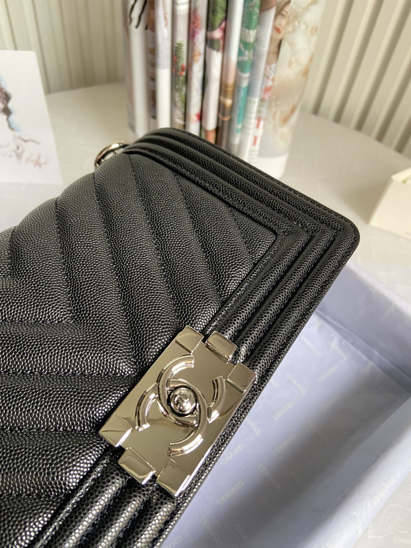 boy Ch*el handbag shiny grained calfskin & silver-tone metal black 5.9 × 9.8 × 3.5 in