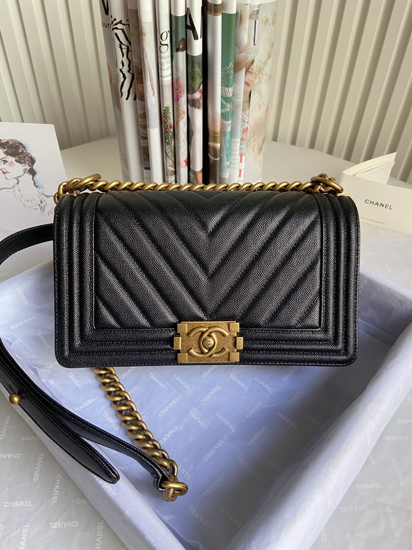 boy Ch*el handbag shiny grained calfskin black 5.9 × 9.8 × 3.5 in