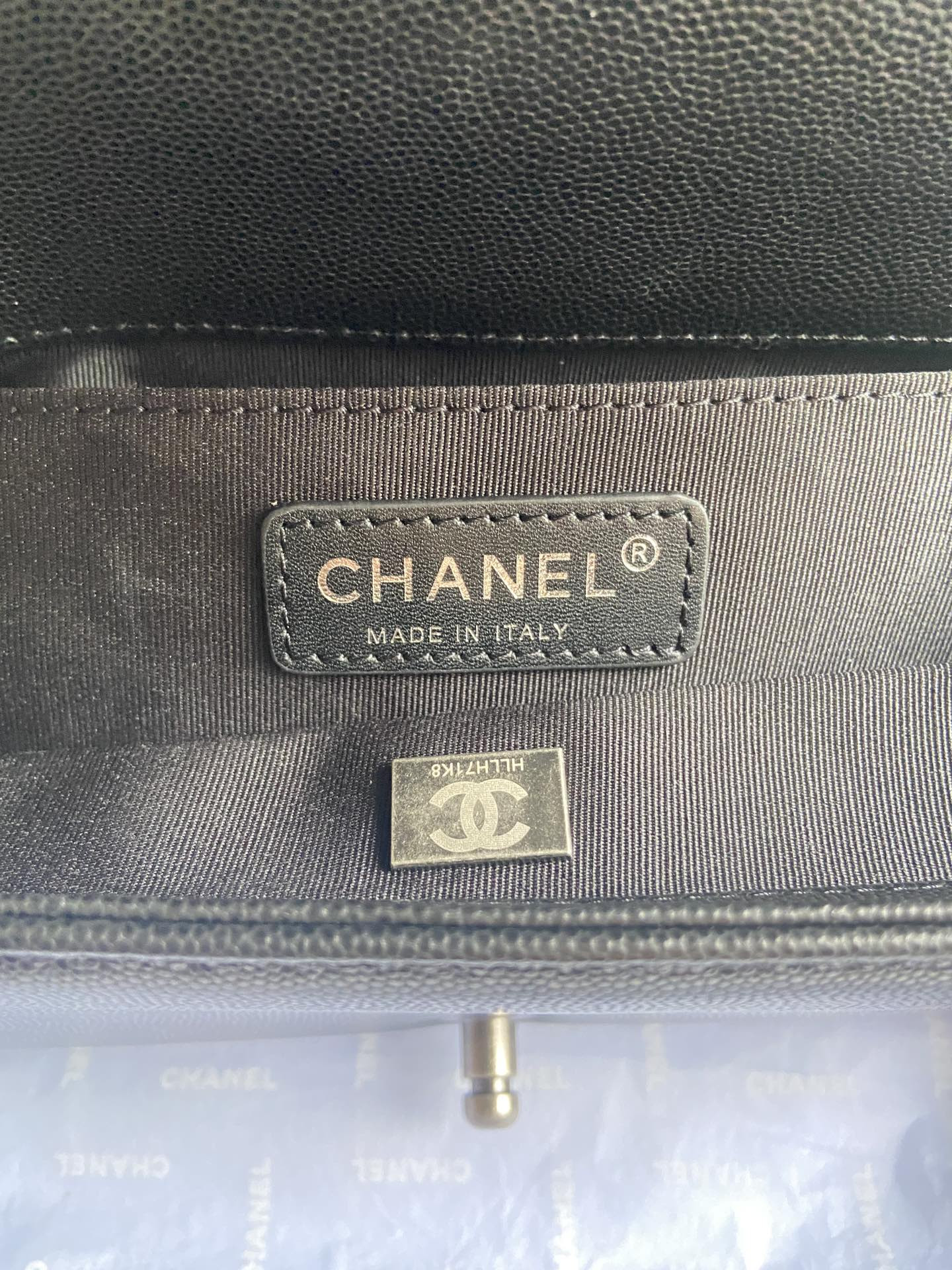 boy Ch*el handbag shiny grained calfskin 5.9 × 9.8 × 3.5 in