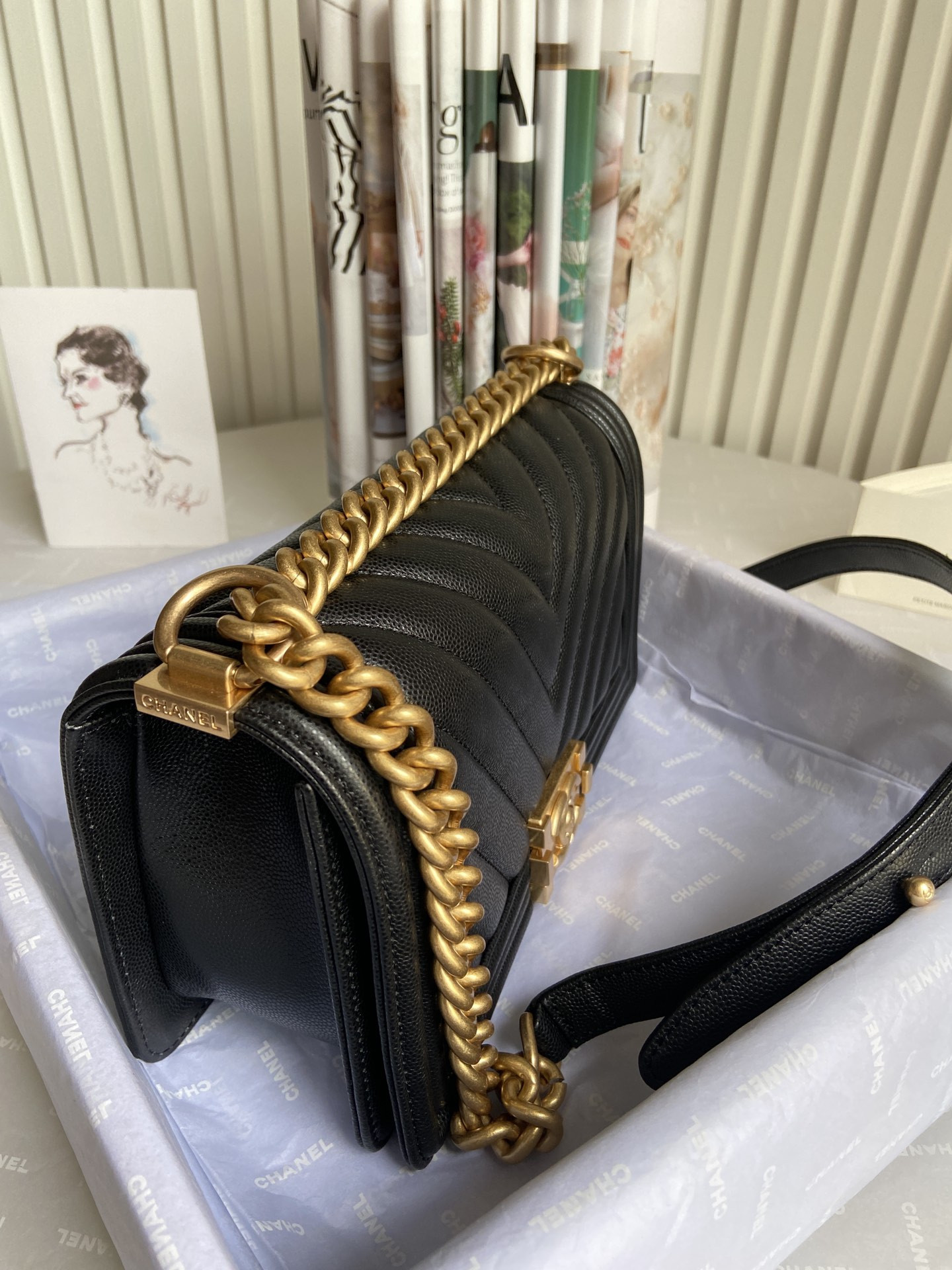 boy Ch*el handbag shiny grained calfskin black 5.9 × 9.8 × 3.5 in