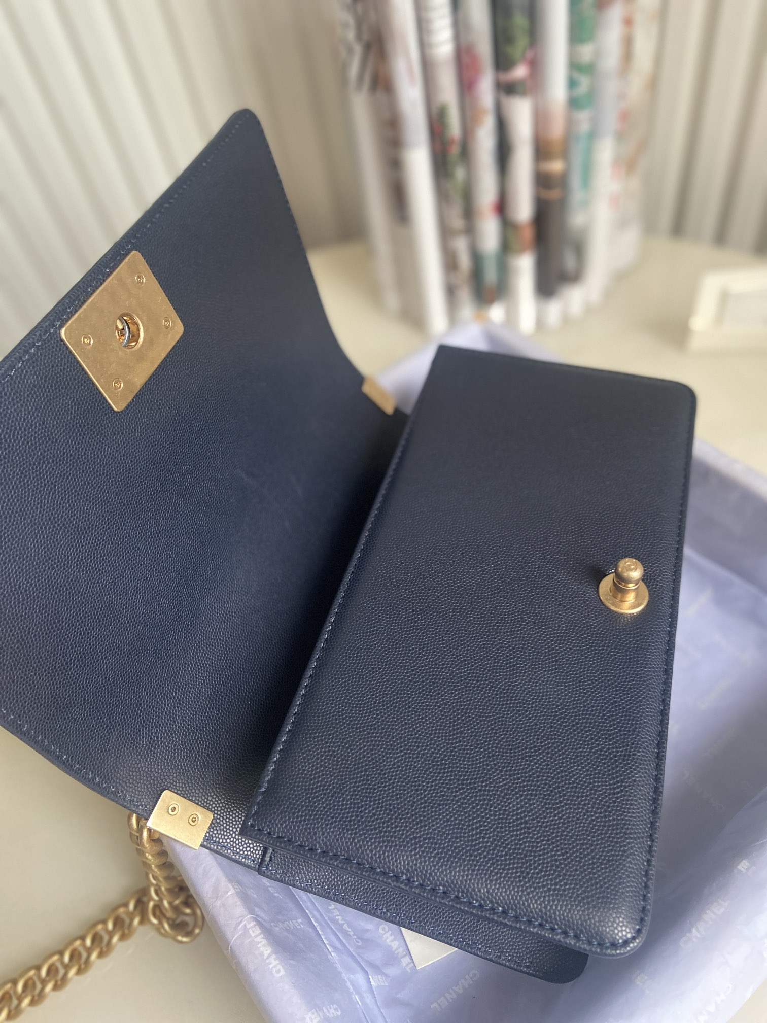 boy Ch*el handbag shiny grained calfskin & gold-tone metal navy 5.9 × 9.8 × 3.5 in