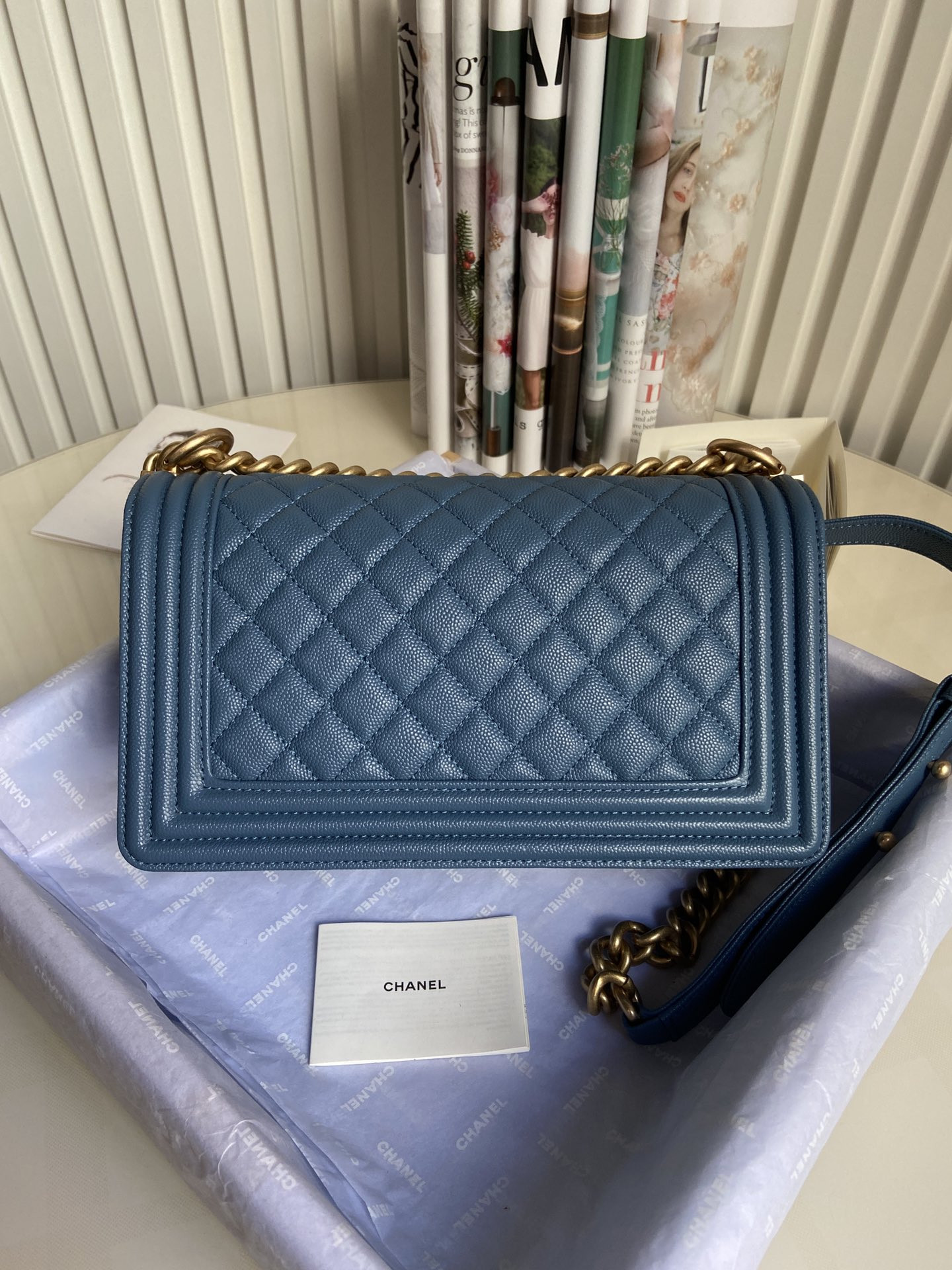 boy Ch*el handbag shiny grained calfskin & gold-tone metal blue 5.9 × 9.8 × 3.5 in