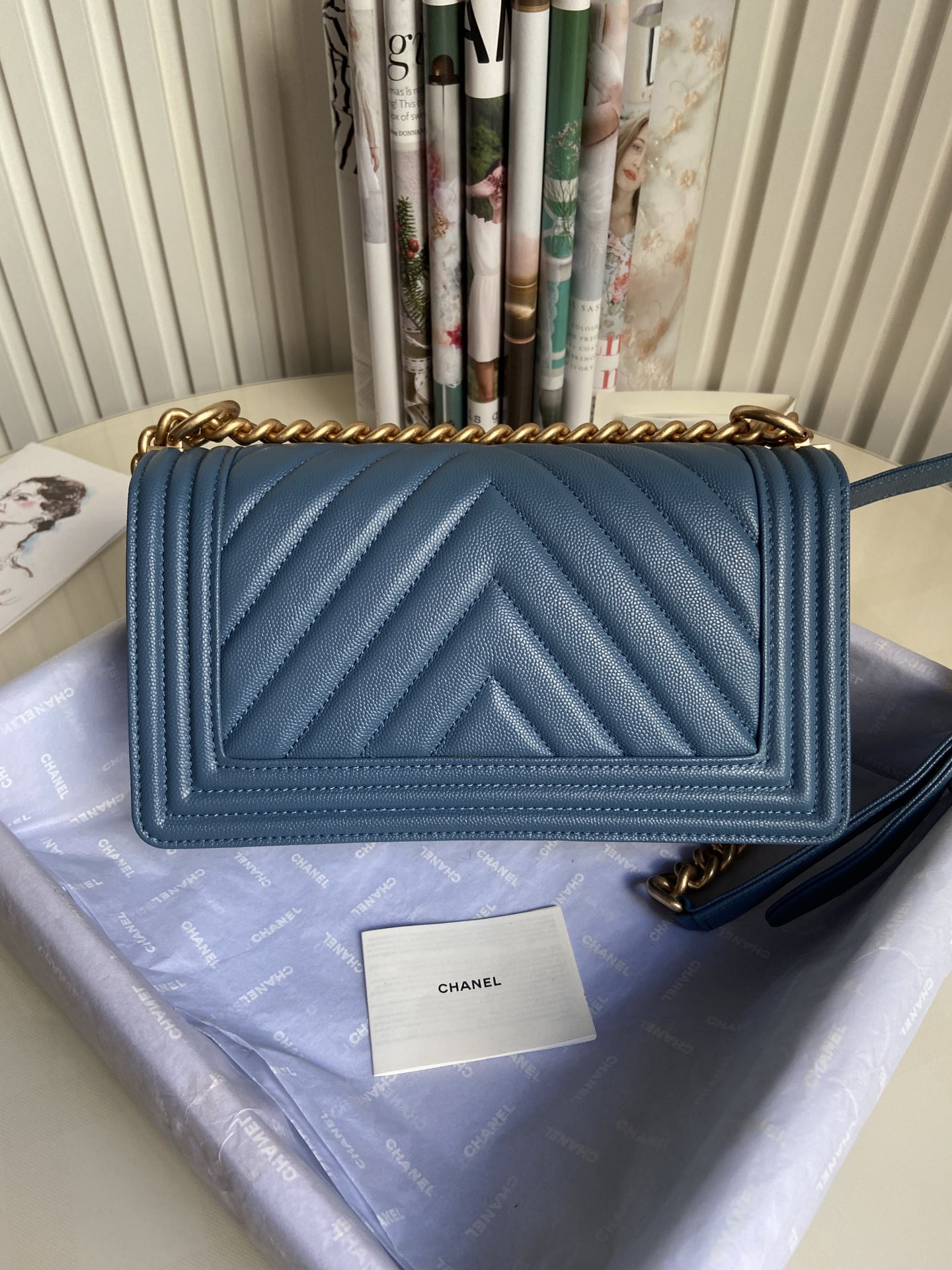 boy Ch*el handbag shiny grained calfskin & gold-tone metal blue 5.9 × 9.8 × 3.5 in
