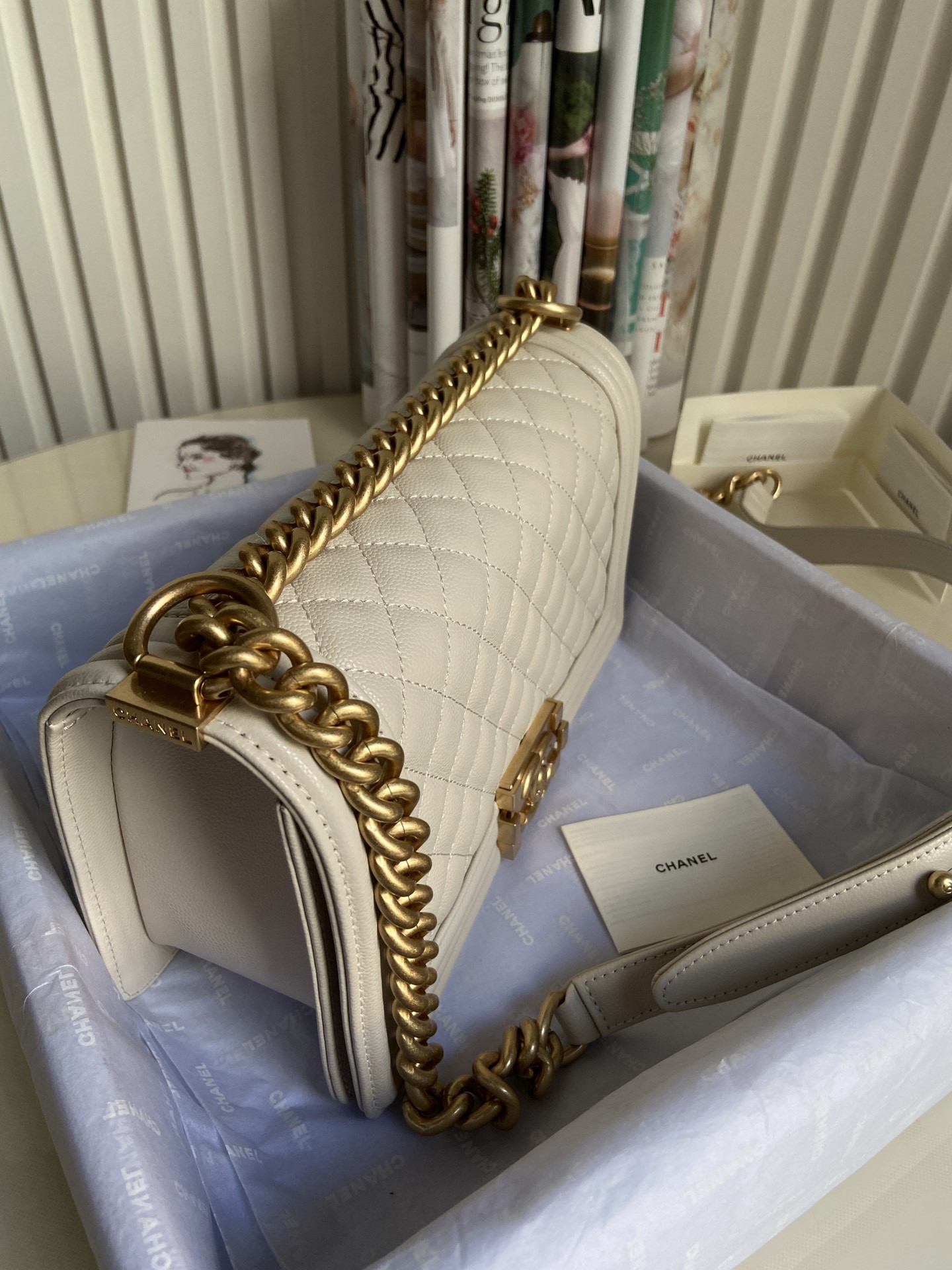 boy Ch*el handbag shiny grained calfskin & gold-tone metal beige 5.9 × 9.8 × 3.5 in
