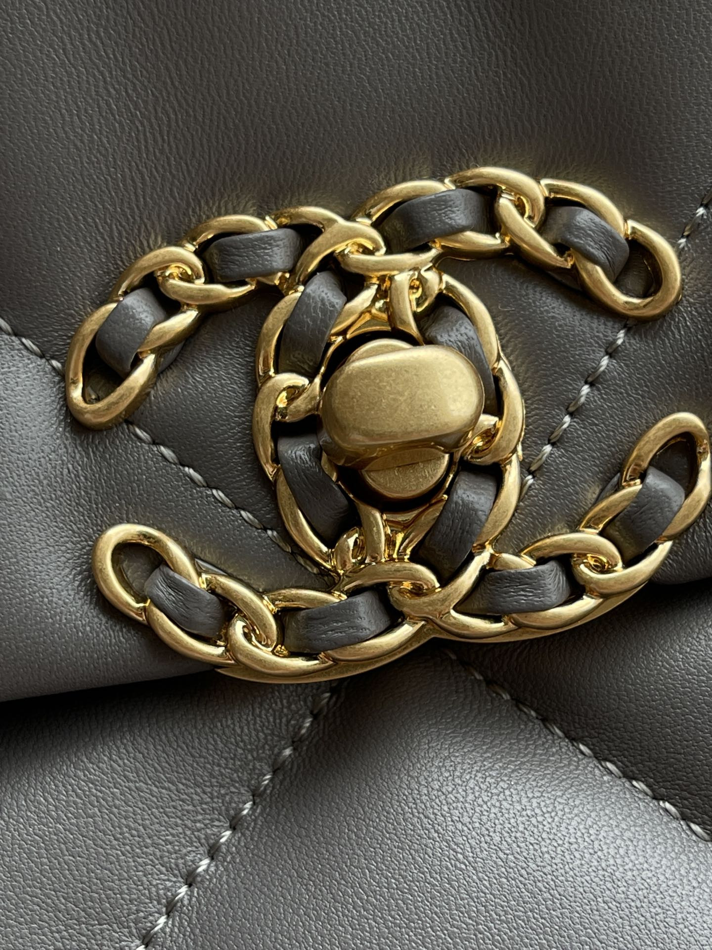 Ch*el 19 handbag shiny leather, gold-tone, silver-tone & ruthenium-finish metal dark gray 6.2 × 10.1 × 3.5 in