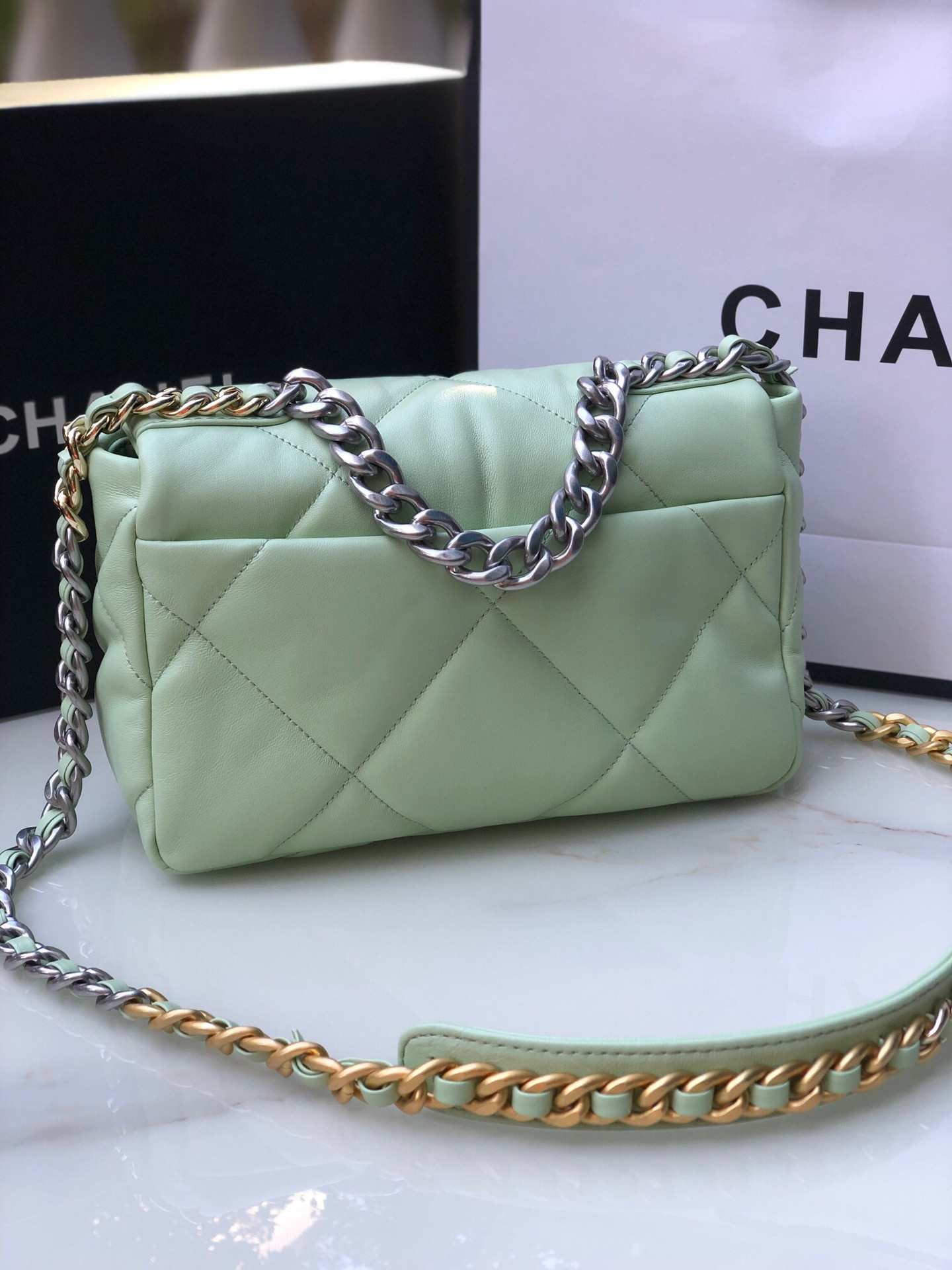 Ch*el 19 handbag shiny leather, gold-tone, silver-tone & ruthenium-finish metal green 6.2 × 10.1 × 3.5 in