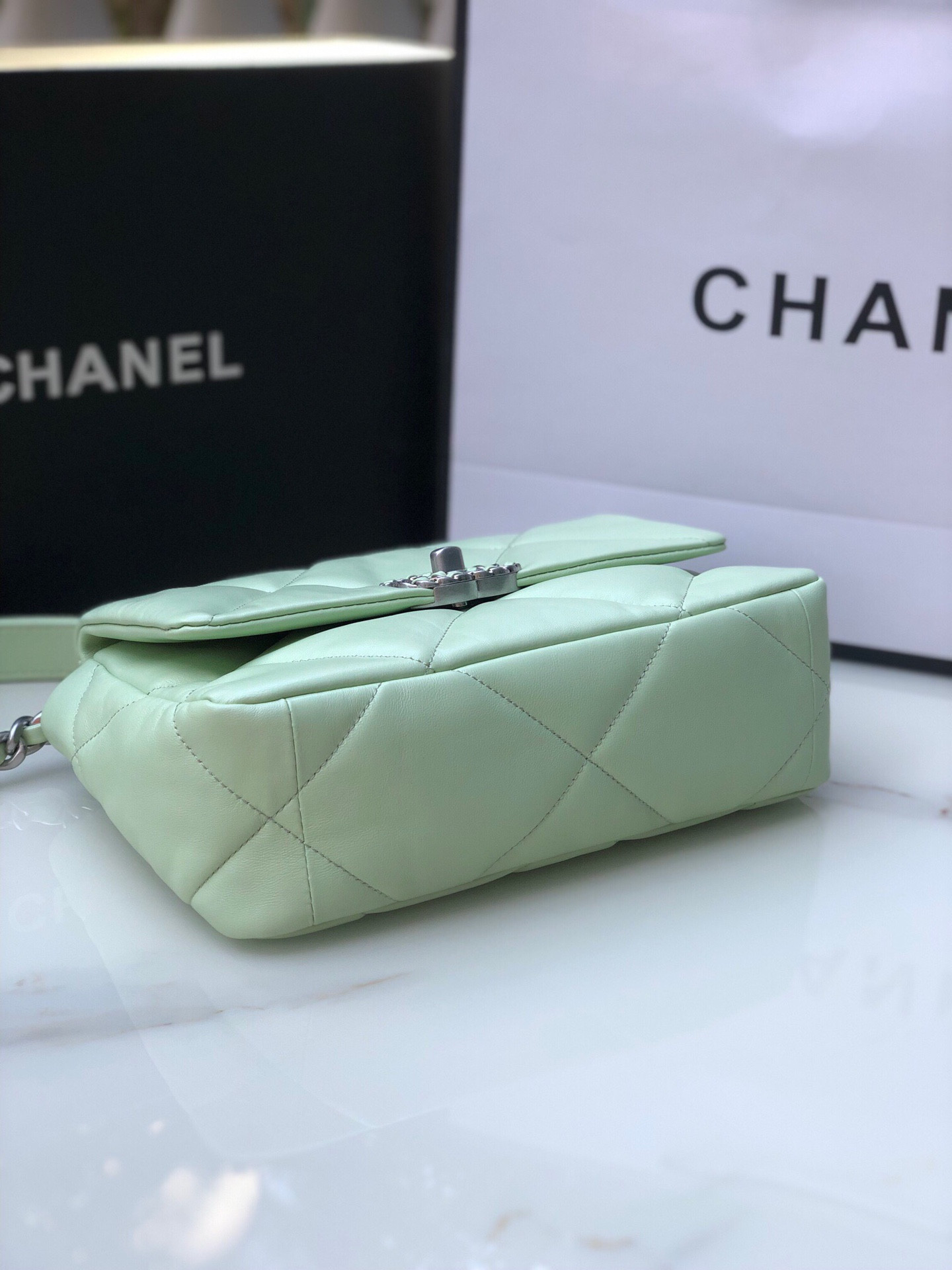 Ch*el 19 handbag shiny leather, gold-tone, silver-tone & ruthenium-finish metal green 6.2 × 10.1 × 3.5 in