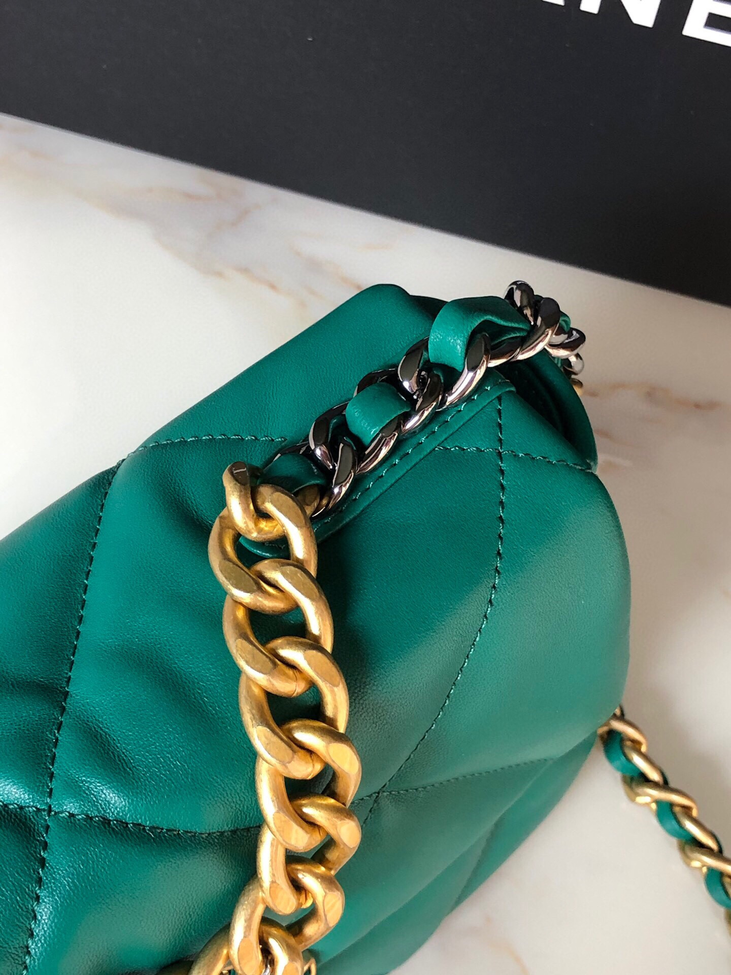 Ch*el 19 handbag shiny leather, gold-tone, silver-tone & ruthenium-finish metal green 6.2 × 10.1 × 3.5 in