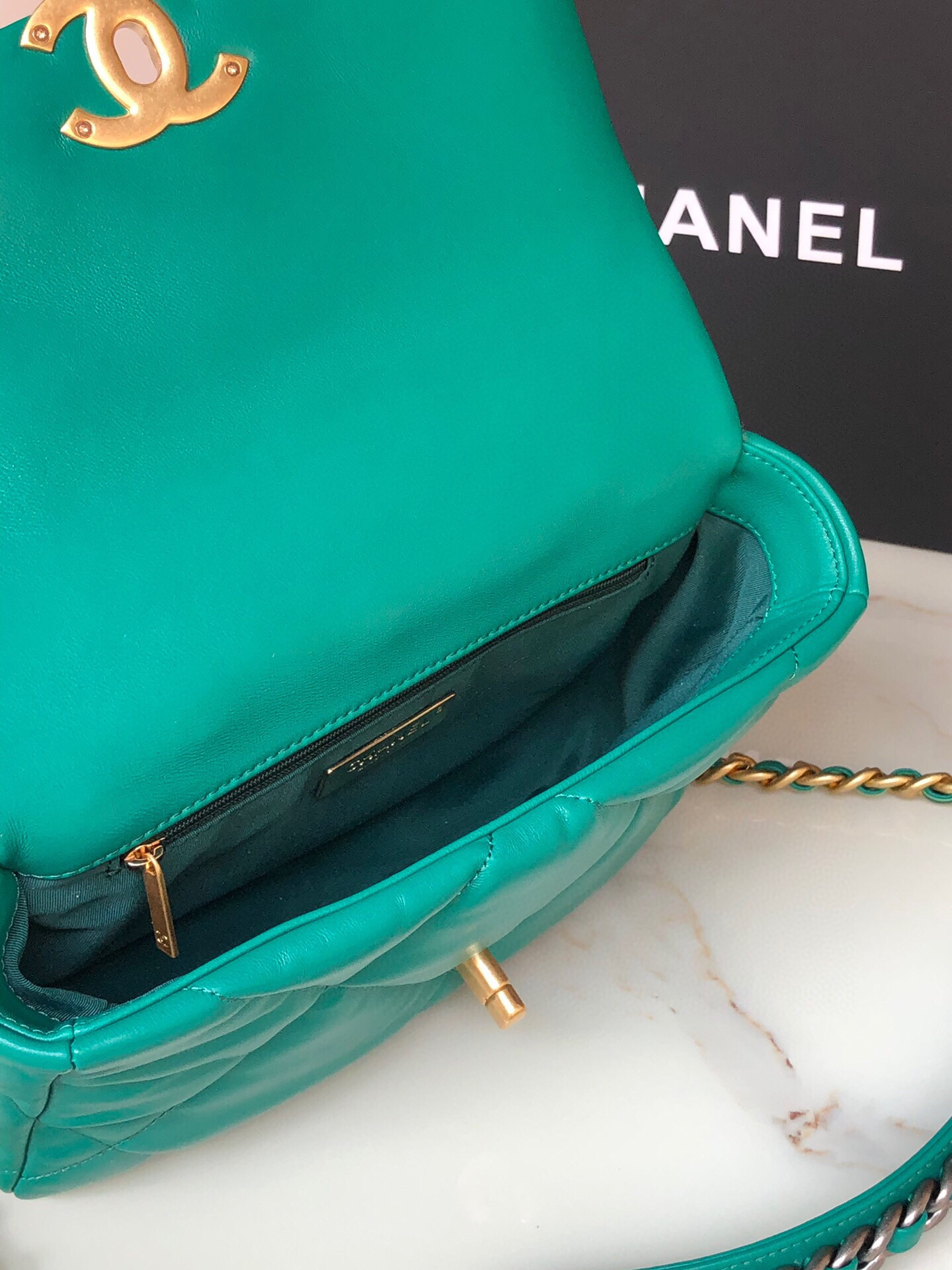 Ch*el 19 handbag shiny leather, gold-tone, silver-tone & ruthenium-finish metal green 6.2 × 10.1 × 3.5 in