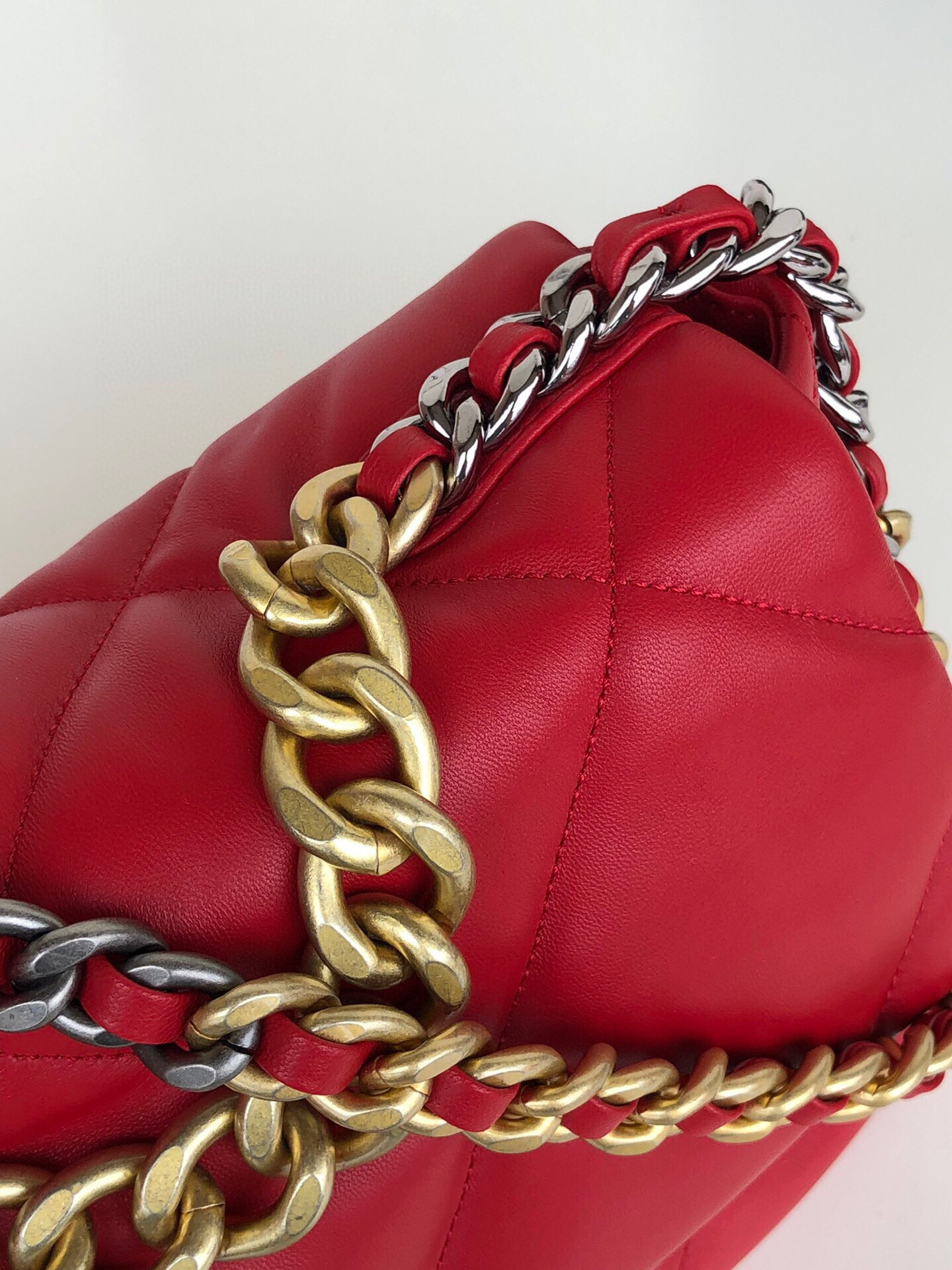 Ch*el 19 large handbag shiny leather, gold-tone, silver-tone & ruthenium-finish metal red 7.8 × 11.7 × 3.9 in