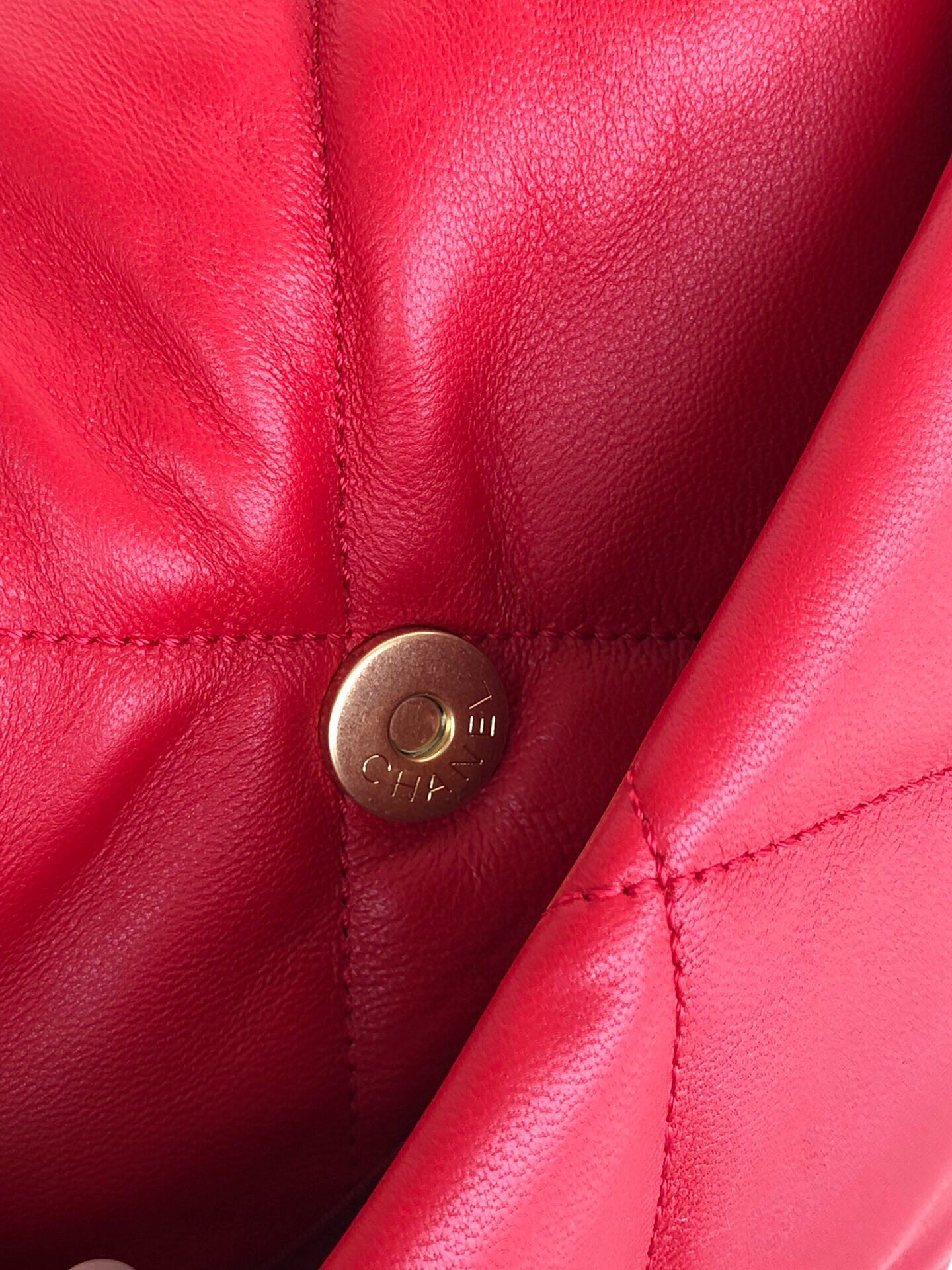 Ch*el 19 large handbag shiny leather, gold-tone, silver-tone & ruthenium-finish metal red 7.8 × 11.7 × 3.9 in