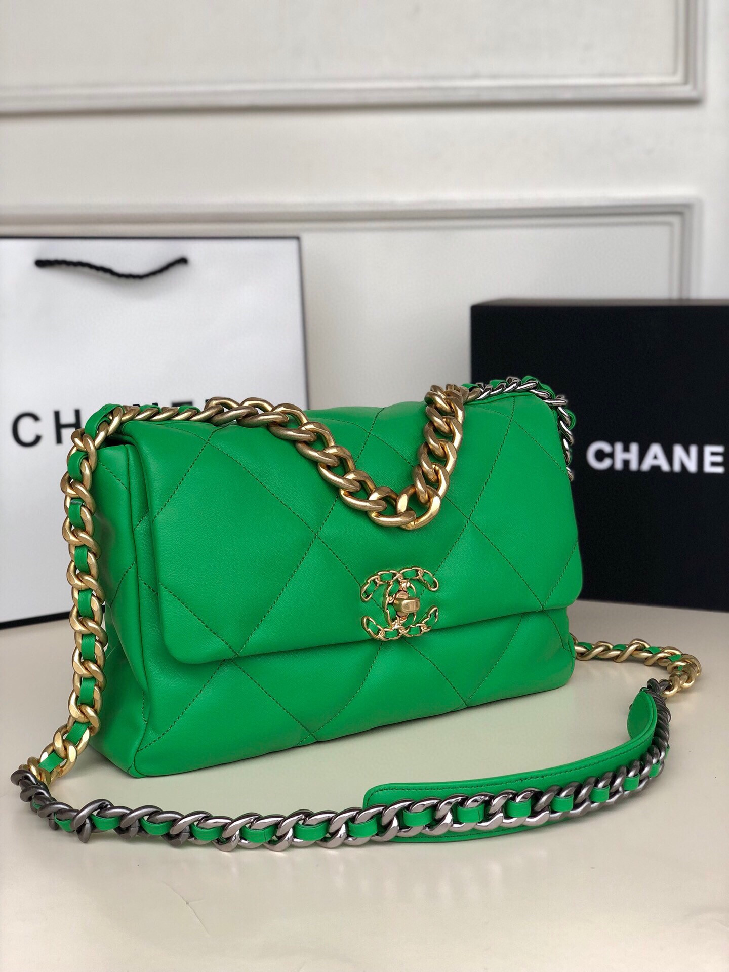 Ch*el 19 large handbag shiny leather, gold-tone, silver-tone & ruthenium-finish metal green 7.8 × 11.7 × 3.9 in