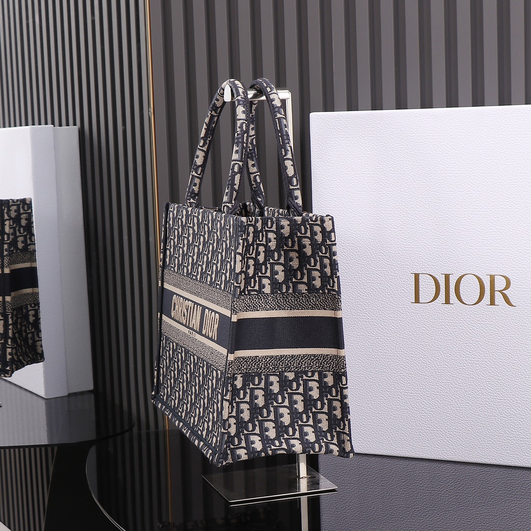 medium D*or book tote ecru and blue D*or oblique embroidery 14 x 11 x 6.5 inches